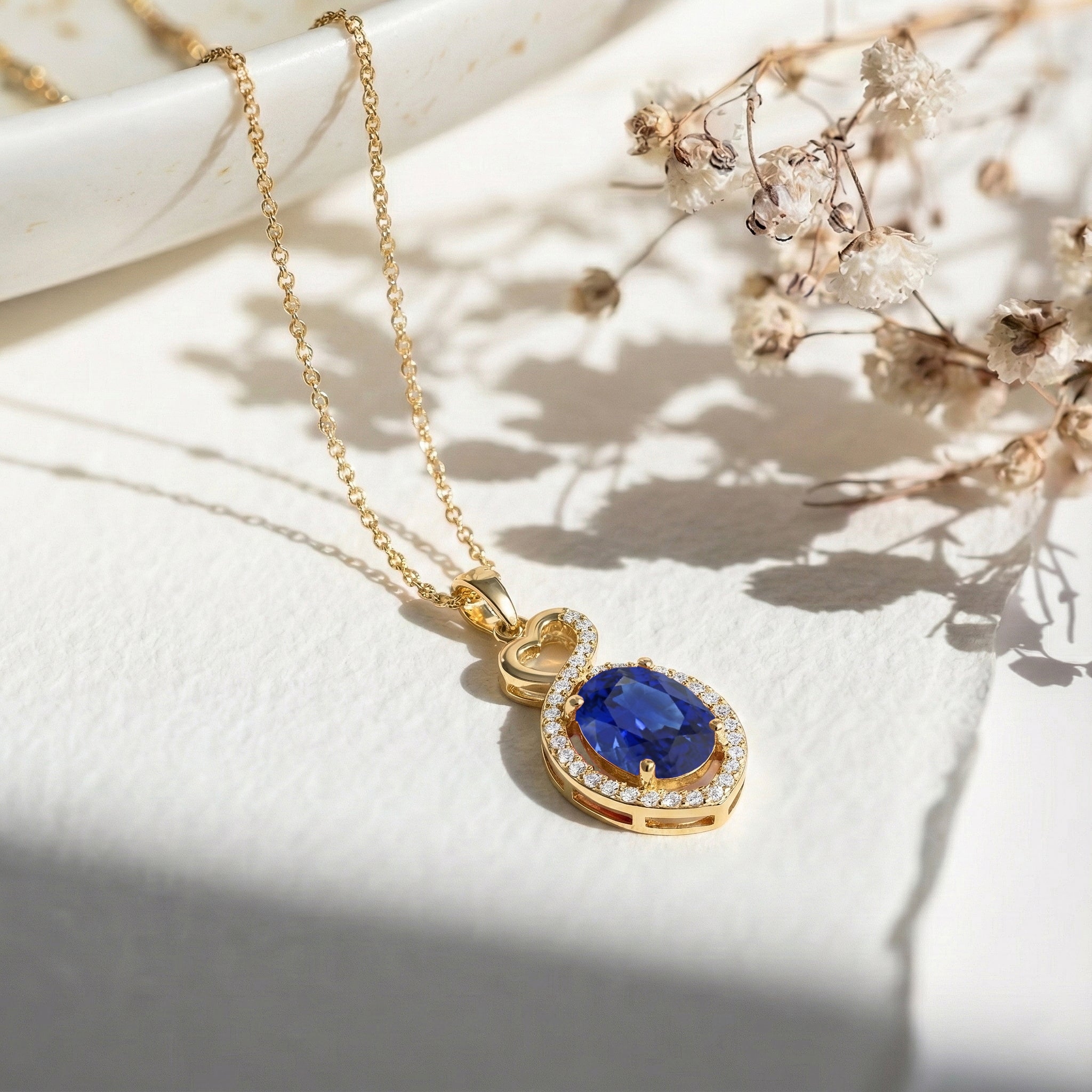 Blue Sapphire Oval Infinity Twist Heart Pendant Necklace in 925 Sterling Silver 1.2ct