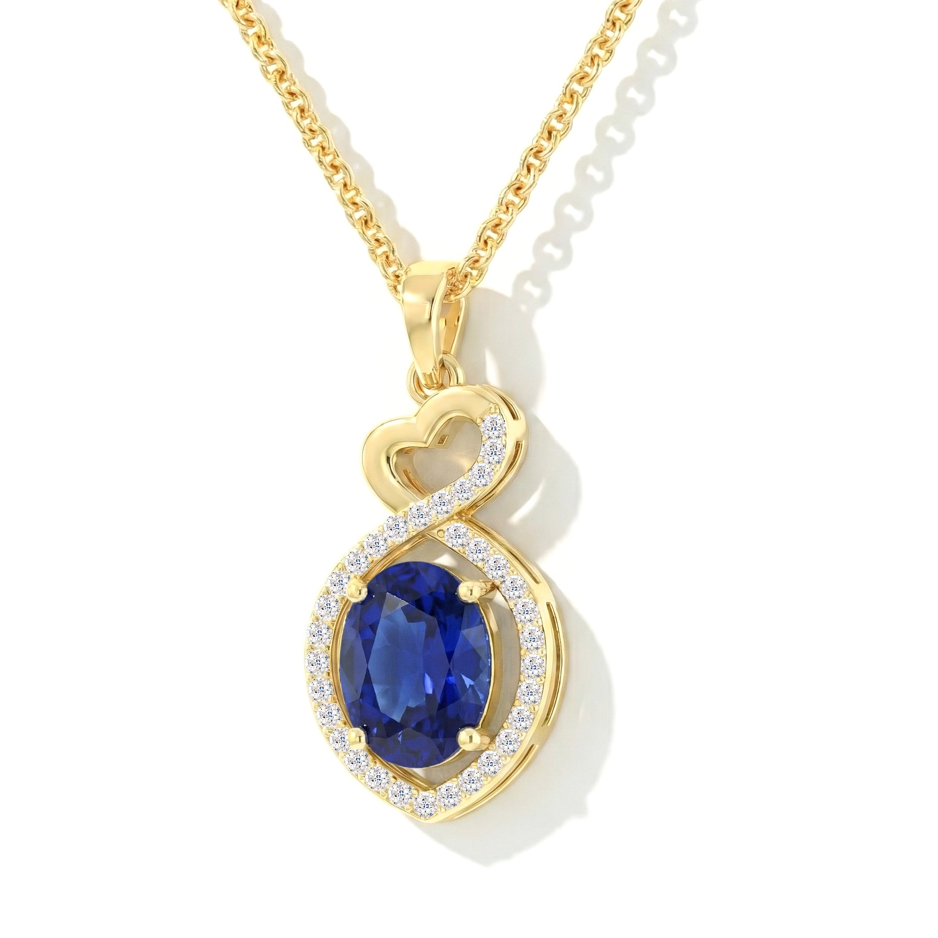 Blue Sapphire Oval Infinity Twist Heart Pendant Necklace in Yellow Gold Plated 1.2ct