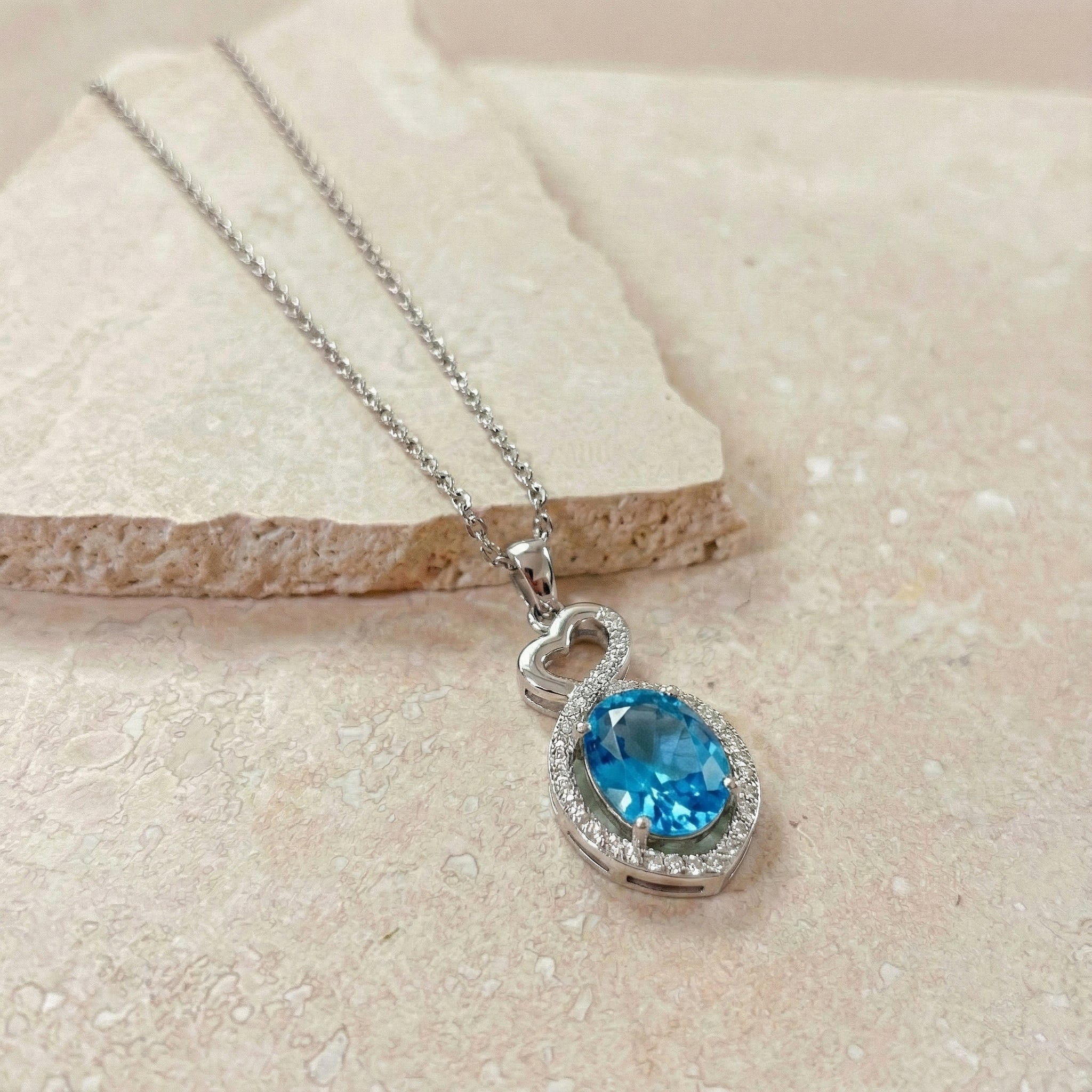 Natural Blue Topaz Oval Infinity Twist Heart Pendant Necklace in 925 Sterling Silver 1.2ct