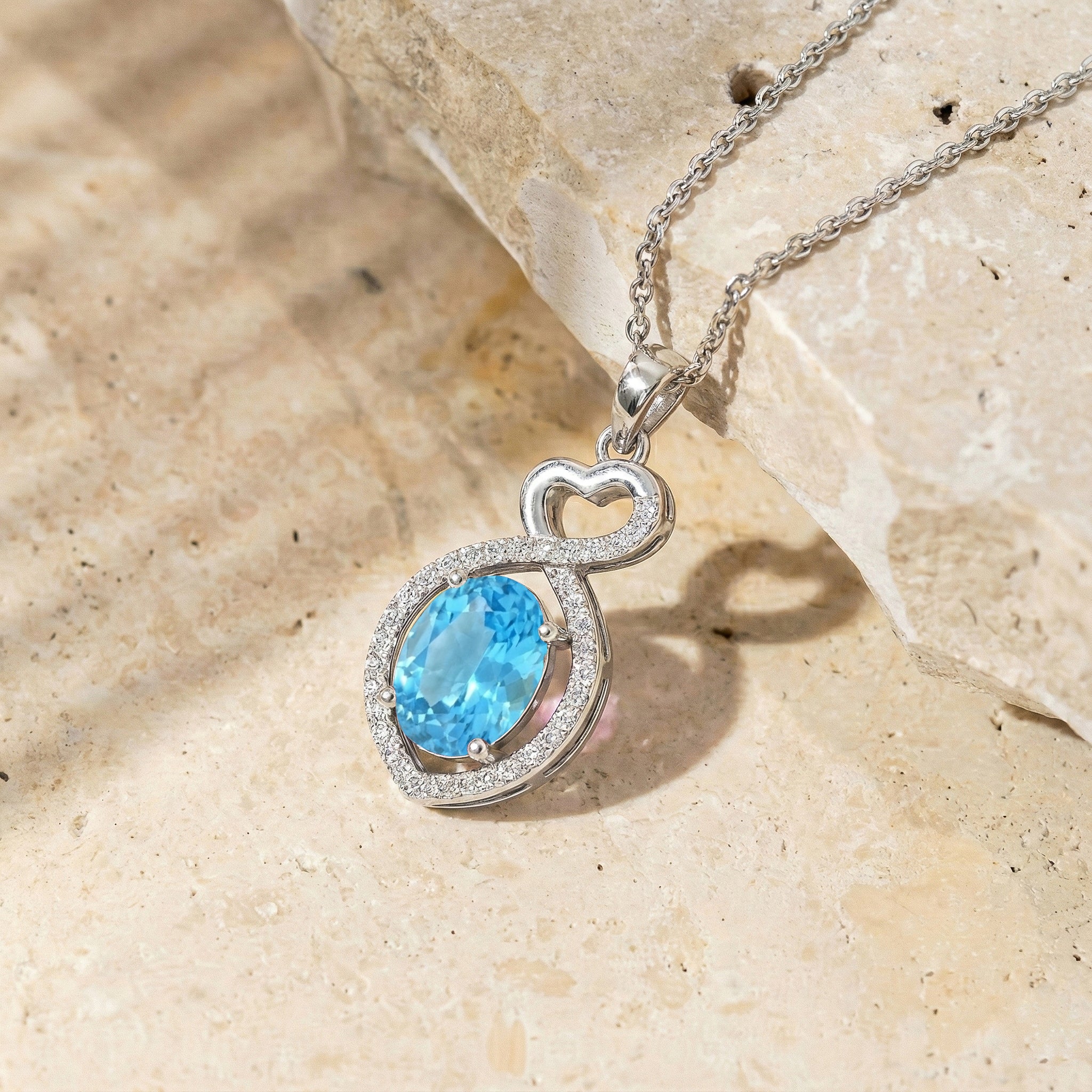 Natural Blue Topaz Oval Infinity Twist Heart Pendant Necklace in 925 Sterling Silver 1.2ct