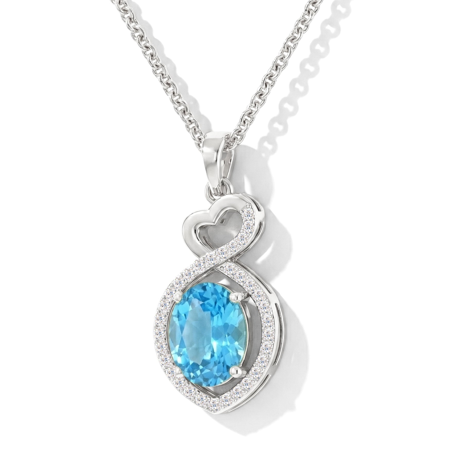 Natural Blue Topaz Oval Infinity Twist Heart Pendant Necklace in 925 Sterling Silver 1.2ct
