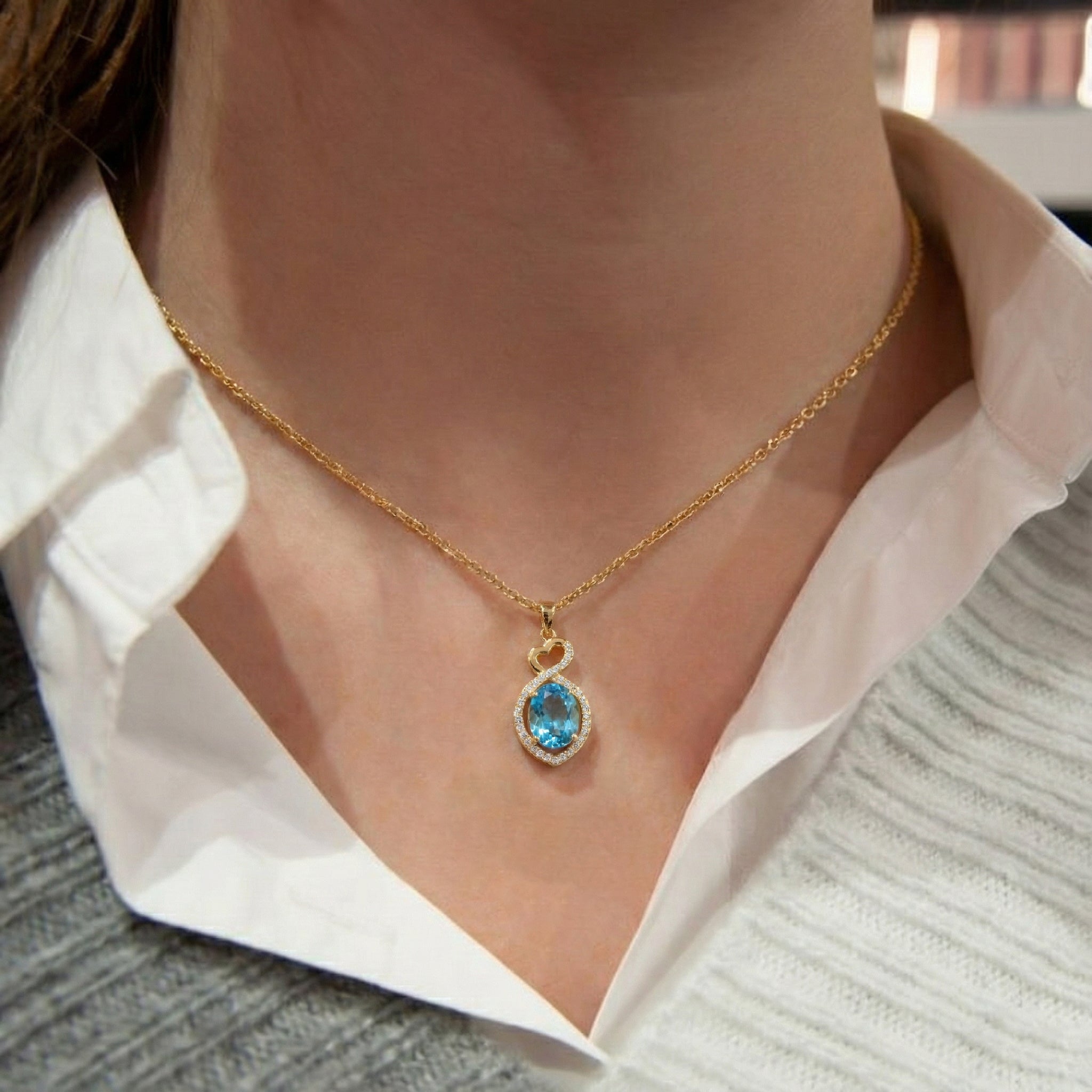 Natural Blue Topaz Oval Infinity Twist Heart Pendant Necklace in 925 Sterling Silver 1.2ct