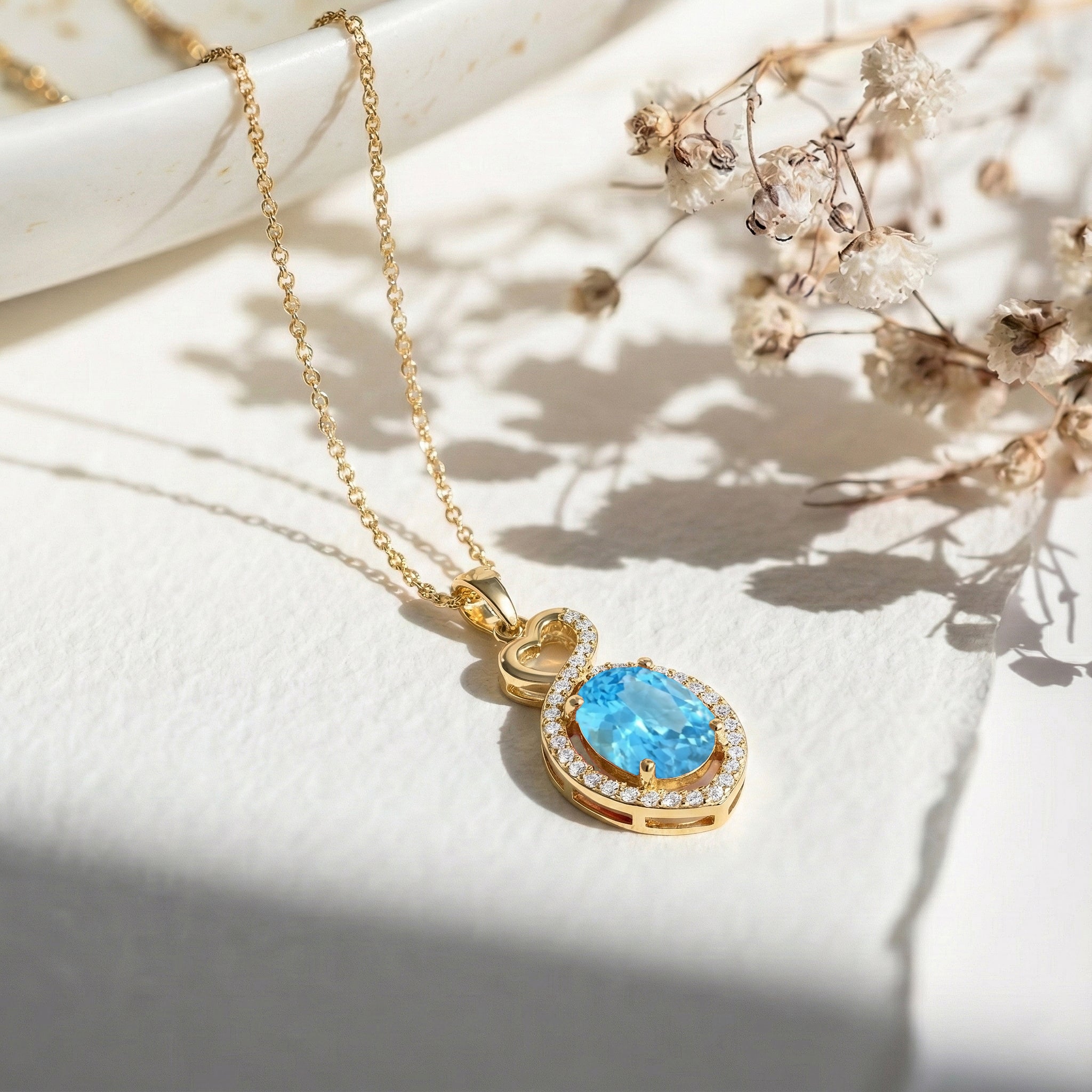 Natural Blue Topaz Oval Infinity Twist Heart Pendant Necklace in 925 Sterling Silver 1.2ct