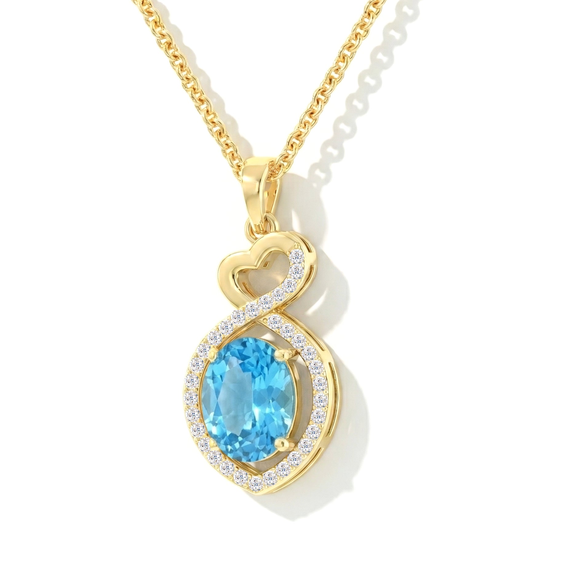 Blue Topaz Oval Infinity Twist Heart Pendant Necklace in Yellow Gold Plated 1.2ct