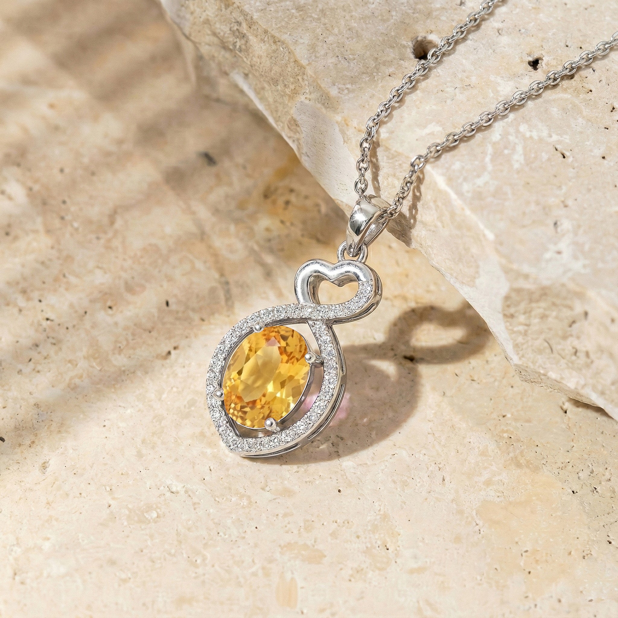 Natural Citrine Oval Infinity Twist Heart Pendant Necklace in 925 Sterling Silver 1.2ct