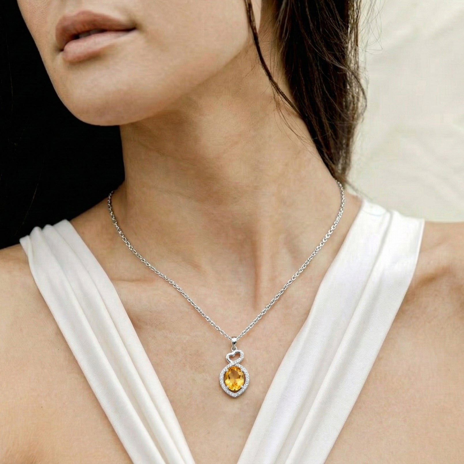 Natural Citrine Oval Infinity Twist Heart Pendant Necklace in 925 Sterling Silver 1.2ct
