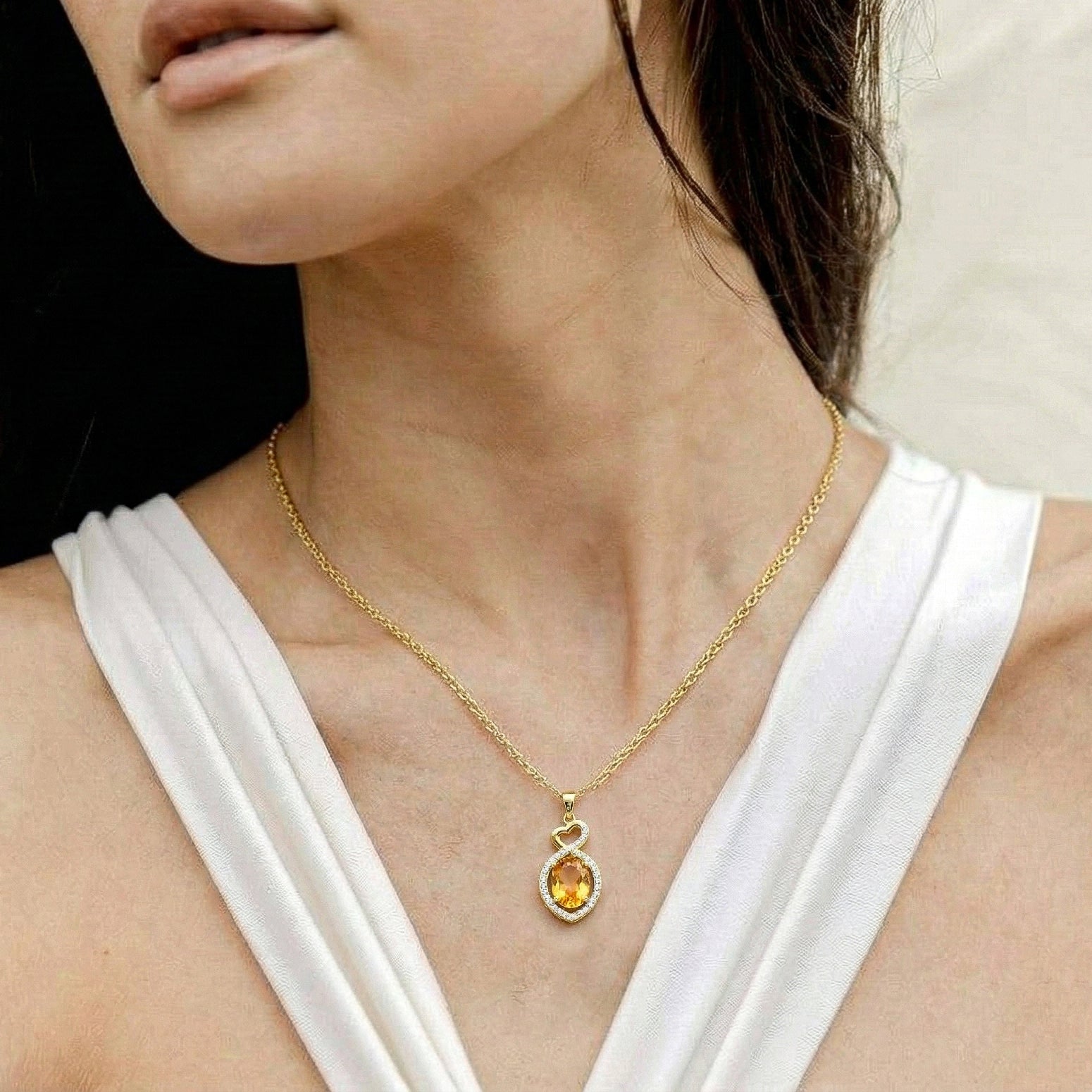 Natural Citrine Oval Infinity Twist Heart Pendant Necklace in 925 Sterling Silver 1.2ct