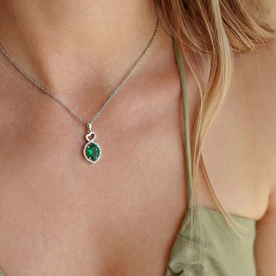 Emerald Oval Infinity Twist Heart Pendant Necklace in 925 Sterling Silver 1.2ct