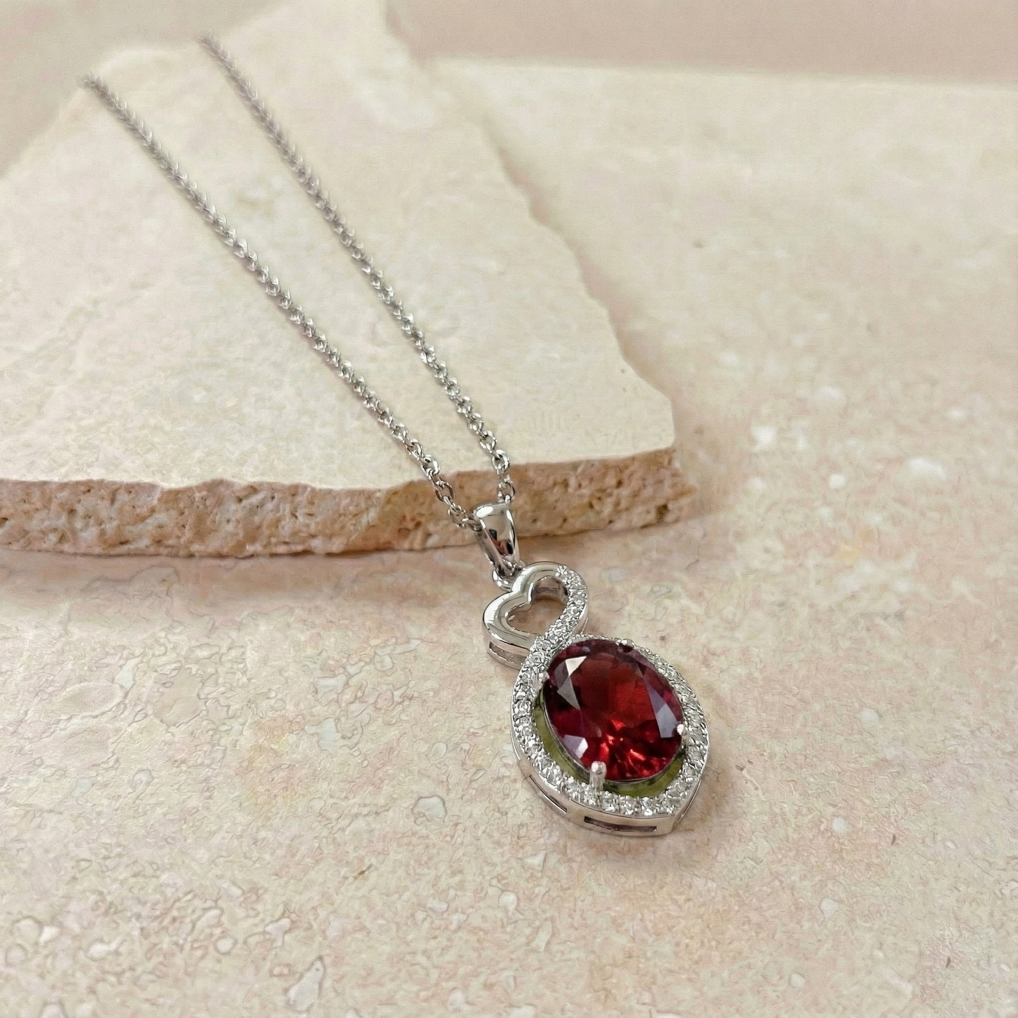 Natural Garnet Oval Infinity Twist Heart Pendant Necklace in 925 Sterling Silver 1.2ct