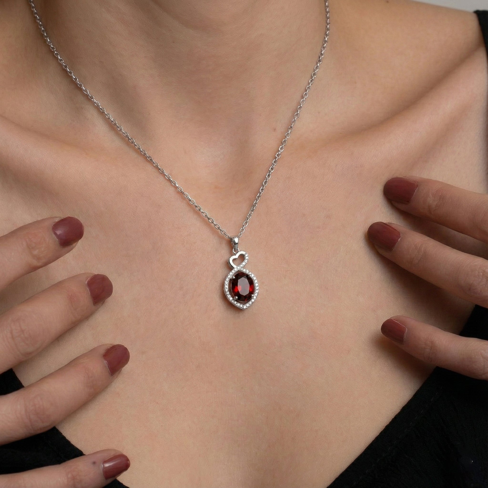 Natural Garnet Oval Infinity Twist Heart Pendant Necklace in 925 Sterling Silver 1.2ct