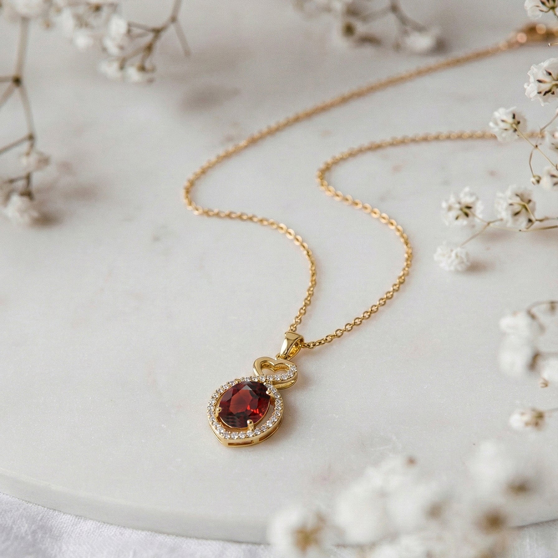 Garnet Oval Infinity Twist Heart Pendant Necklace in Yellow Gold Plated 1.2ct