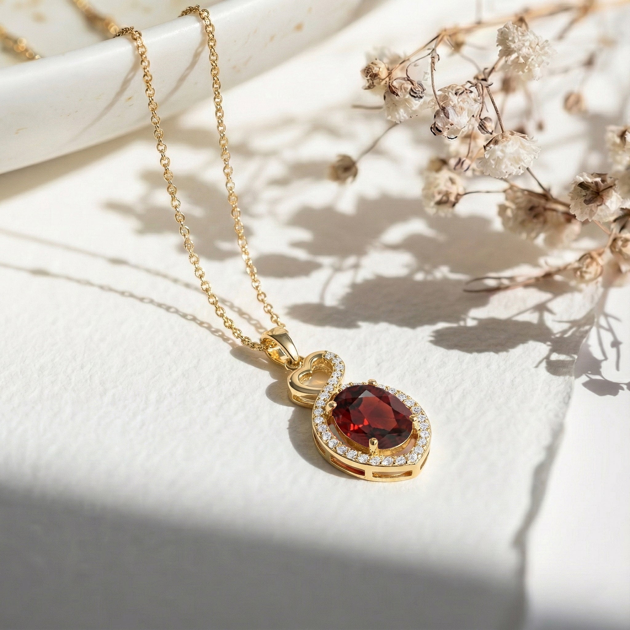 Natural Garnet Oval Infinity Twist Heart Pendant Necklace in 925 Sterling Silver 1.2ct