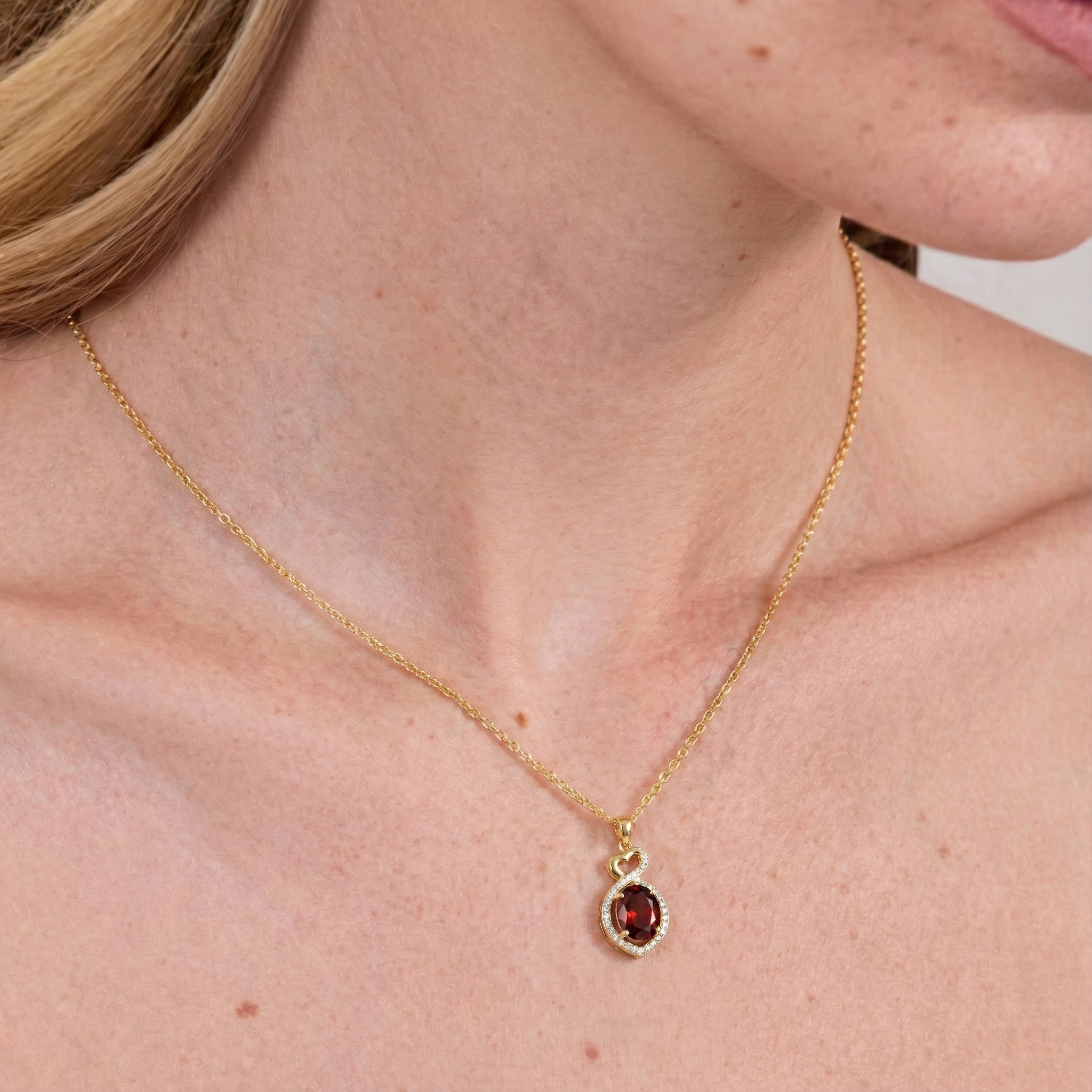 Garnet Oval Infinity Twist Heart Pendant Necklace in Yellow Gold Plated 1.2ct