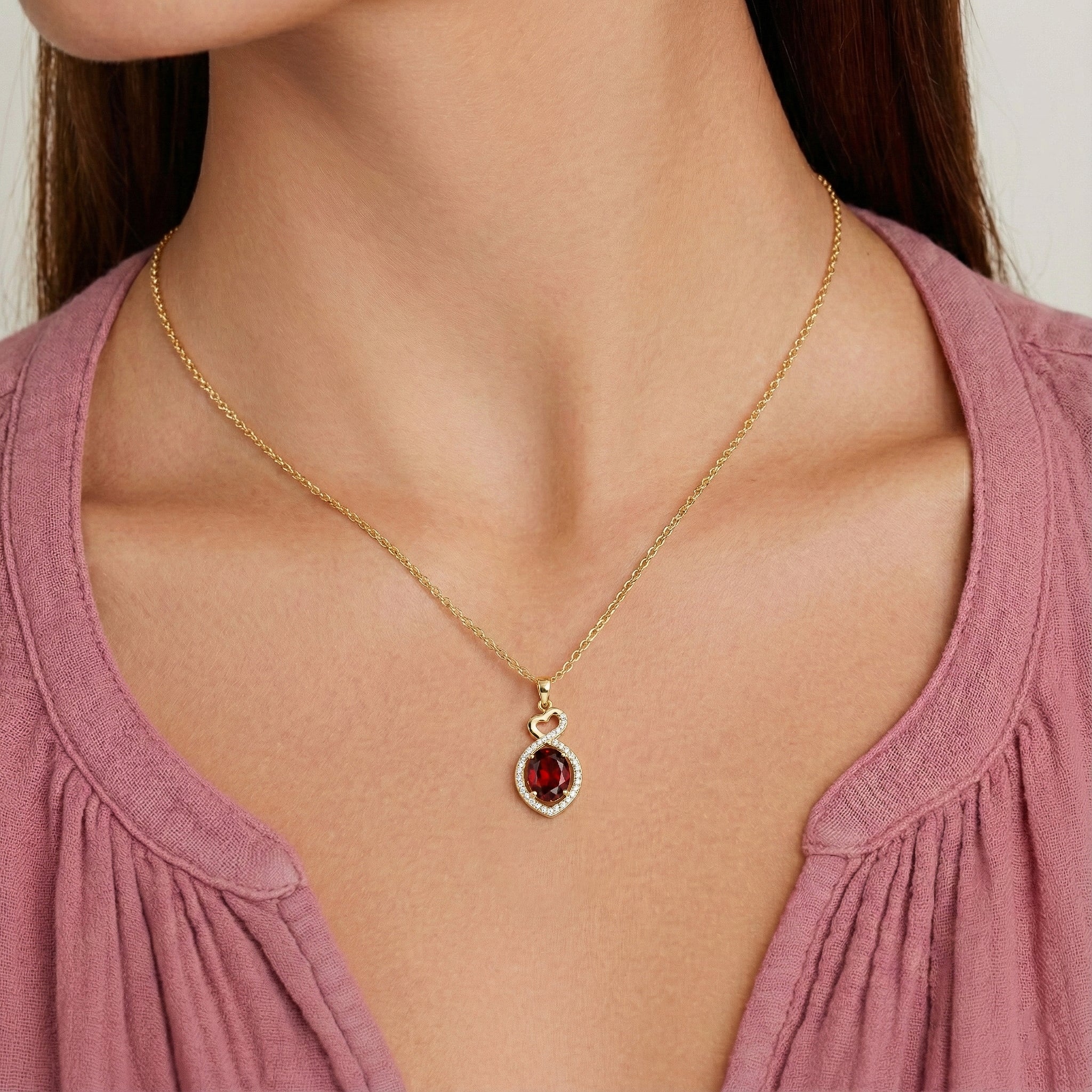 Garnet Oval Infinity Twist Heart Pendant Necklace in Yellow Gold Plated 1.2ct