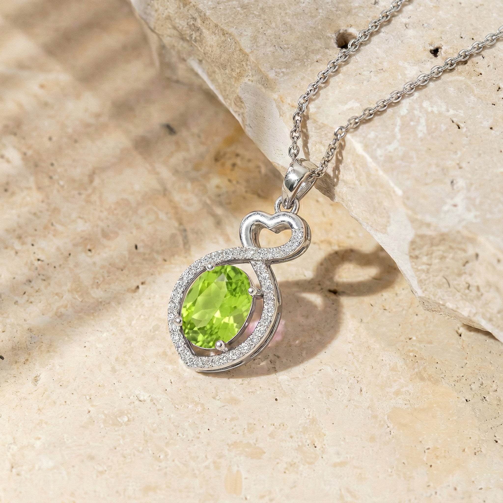 Natural Peridot Oval Infinity Twist Heart Pendant Necklace in 925 Sterling Silver 1.2ct