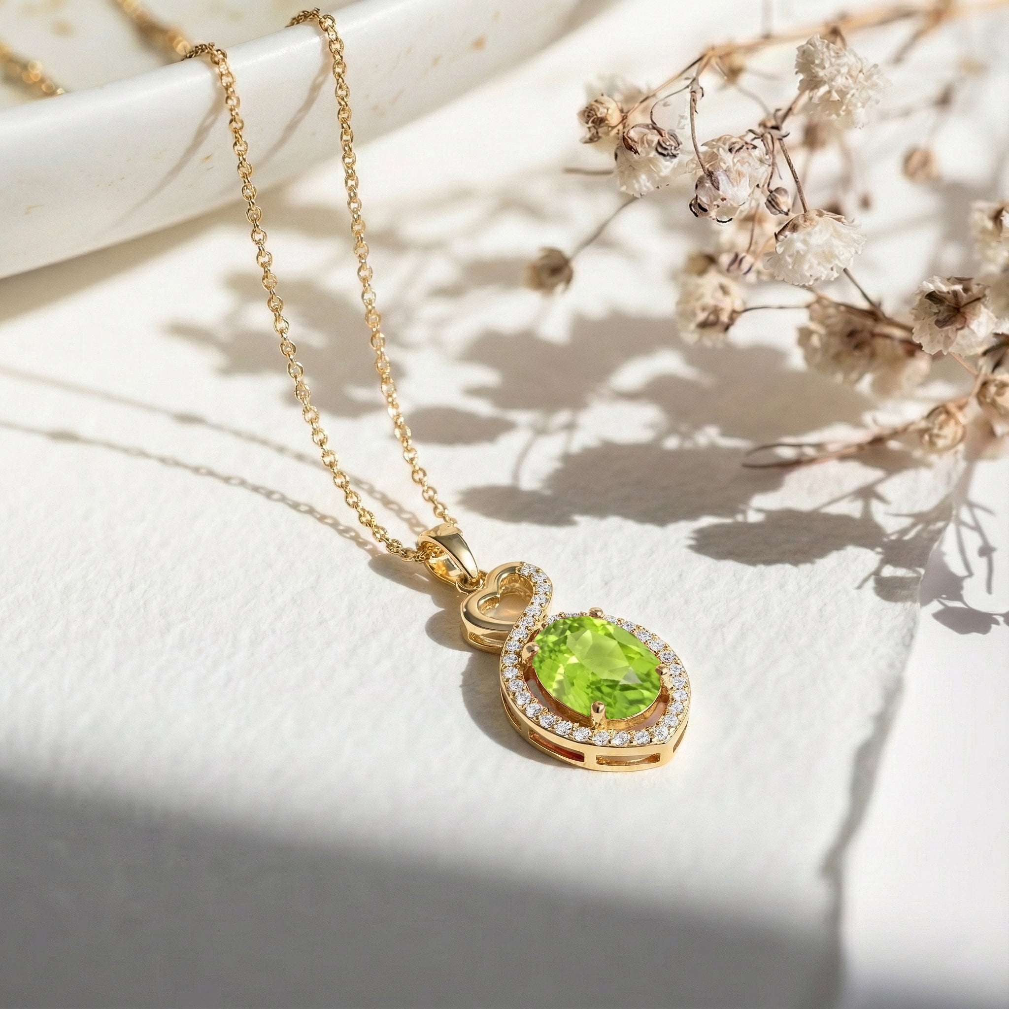 Peridot Oval Infinity Twist Heart Pendant Necklace in Yellow Gold Plated 1.2ct