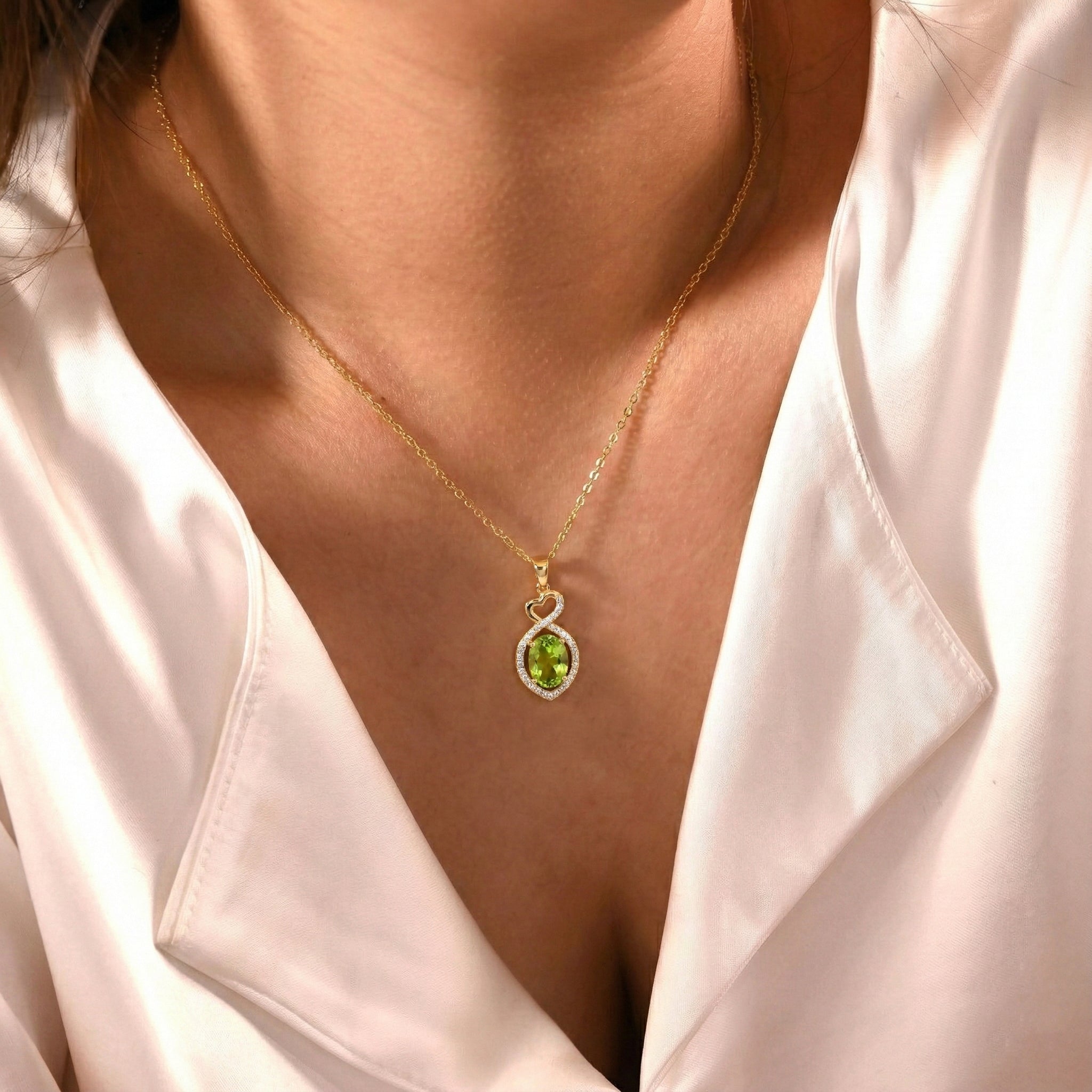 Peridot Oval Infinity Twist Heart Pendant Necklace in Yellow Gold Plated 1.2ct