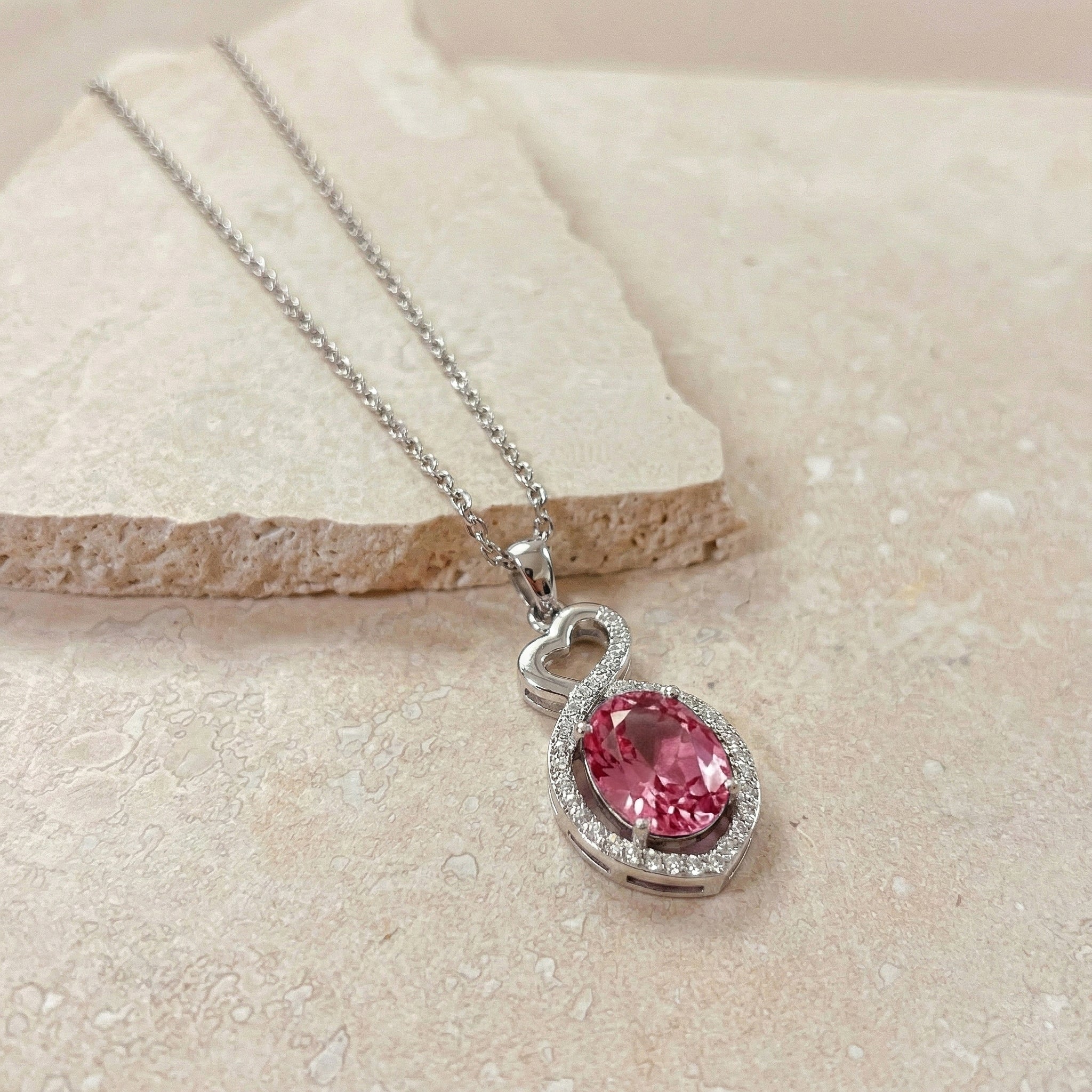Pink Tourmaline Oval Infinity Twist Heart Pendant Necklace in 925 Sterling Silver 1.2ct