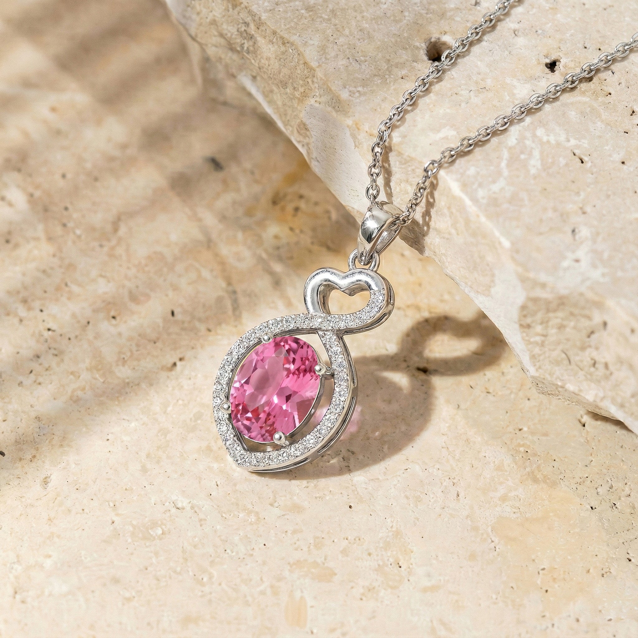 Pink Tourmaline Oval Infinity Twist Heart Pendant Necklace in 925 Sterling Silver 1.2ct