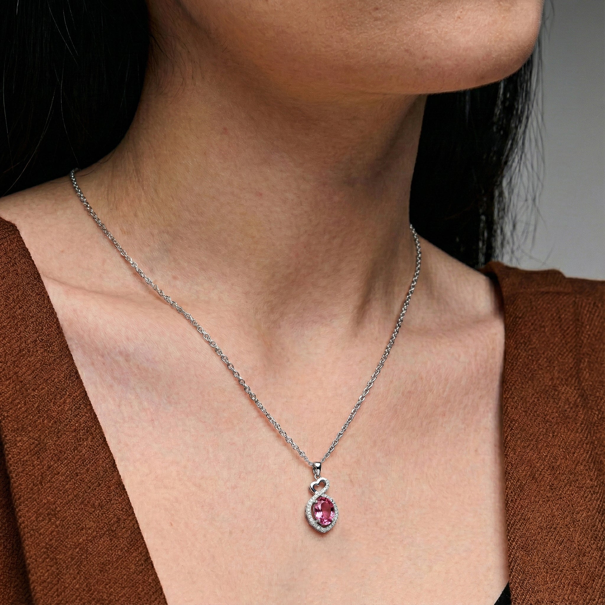Pink Tourmaline Oval Infinity Twist Heart Pendant Necklace in 925 Sterling Silver 1.2ct