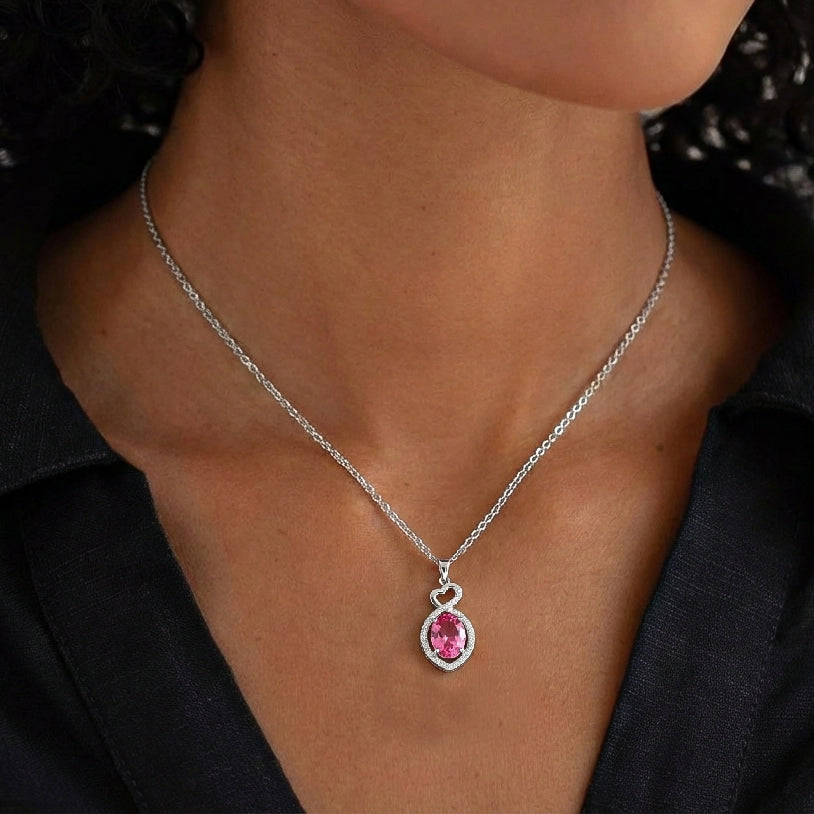 Pink Tourmaline Oval Infinity Twist Heart Pendant Necklace in 925 Sterling Silver 1.2ct