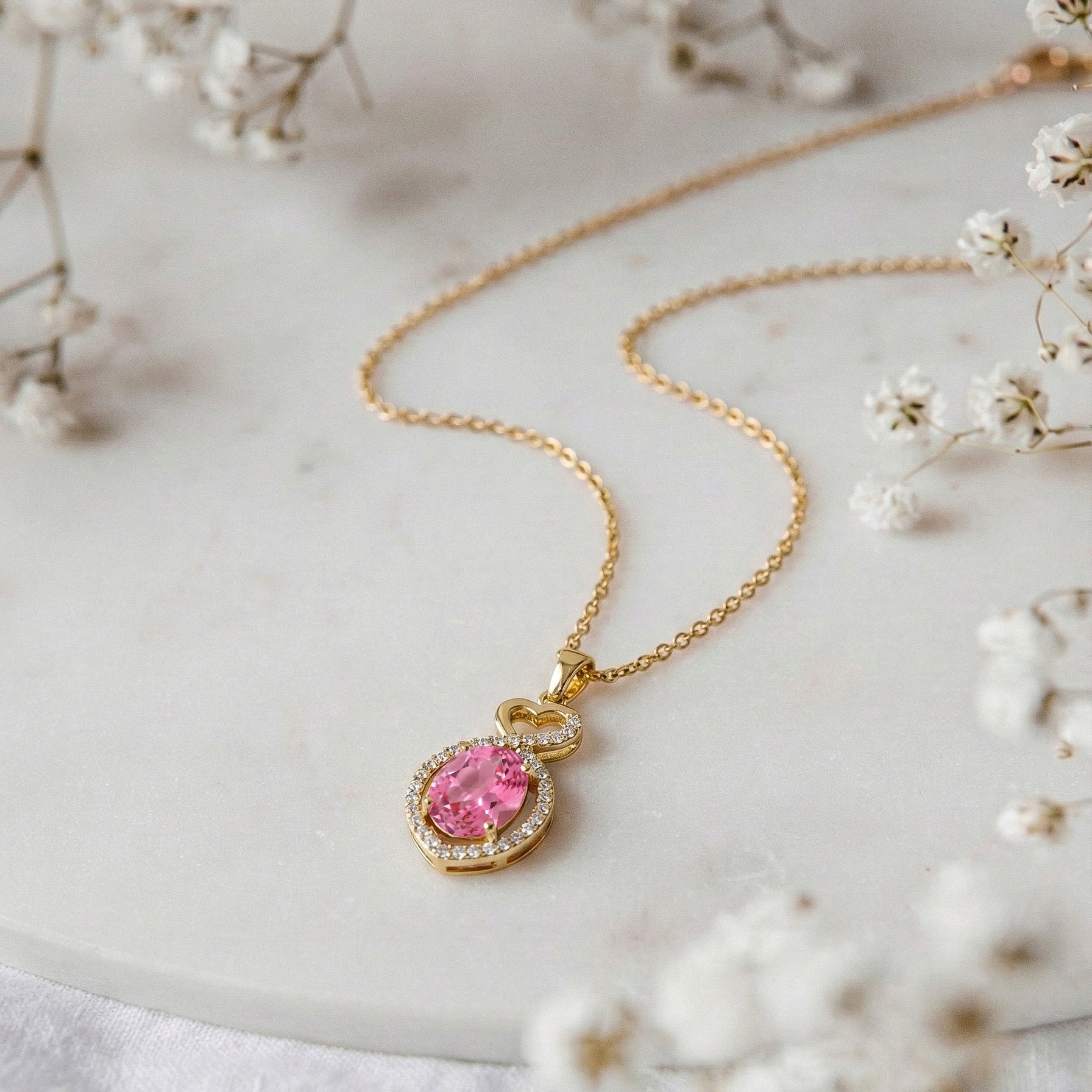 Pink Tourmaline Oval Infinity Twist Heart Pendant Necklace in Yellow Gold Plated 1.2ct