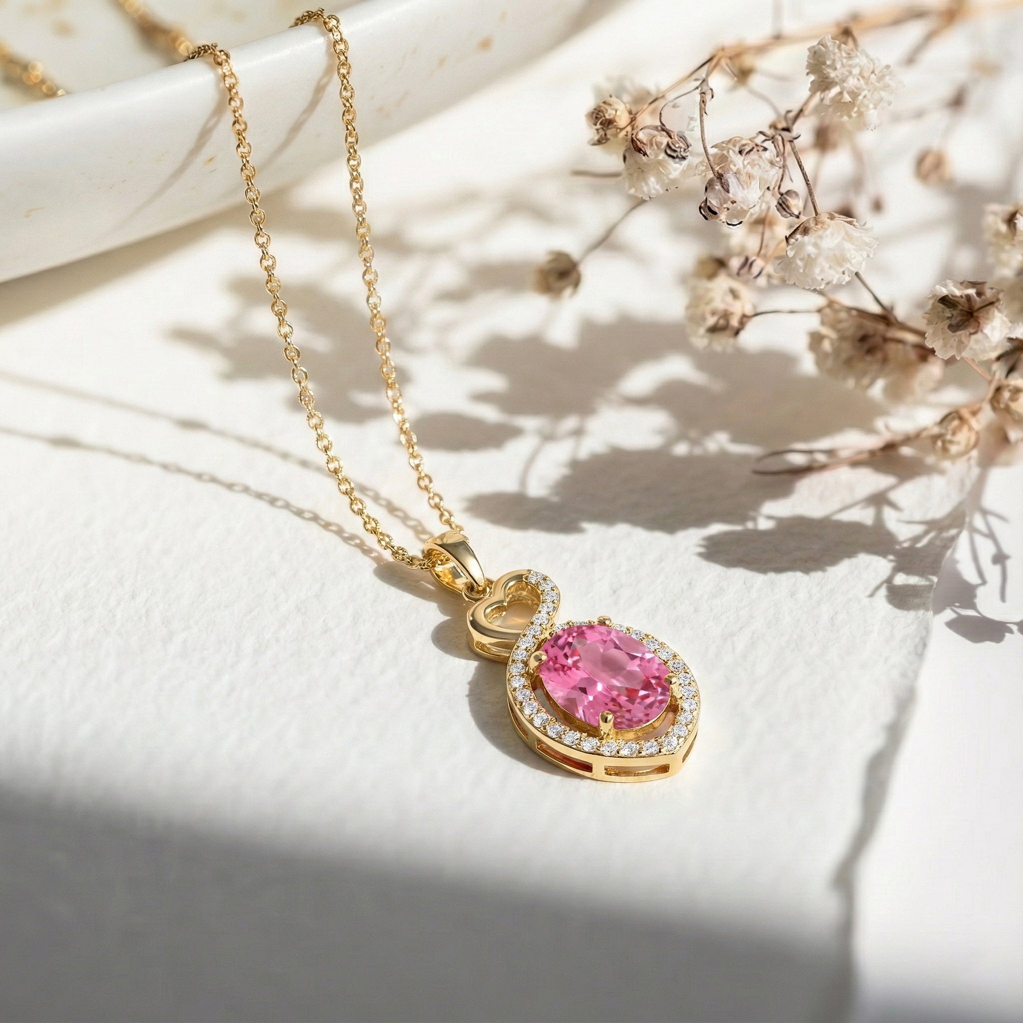 Pink Tourmaline Oval Infinity Twist Heart Pendant Necklace in Yellow Gold Plated 1.2ct