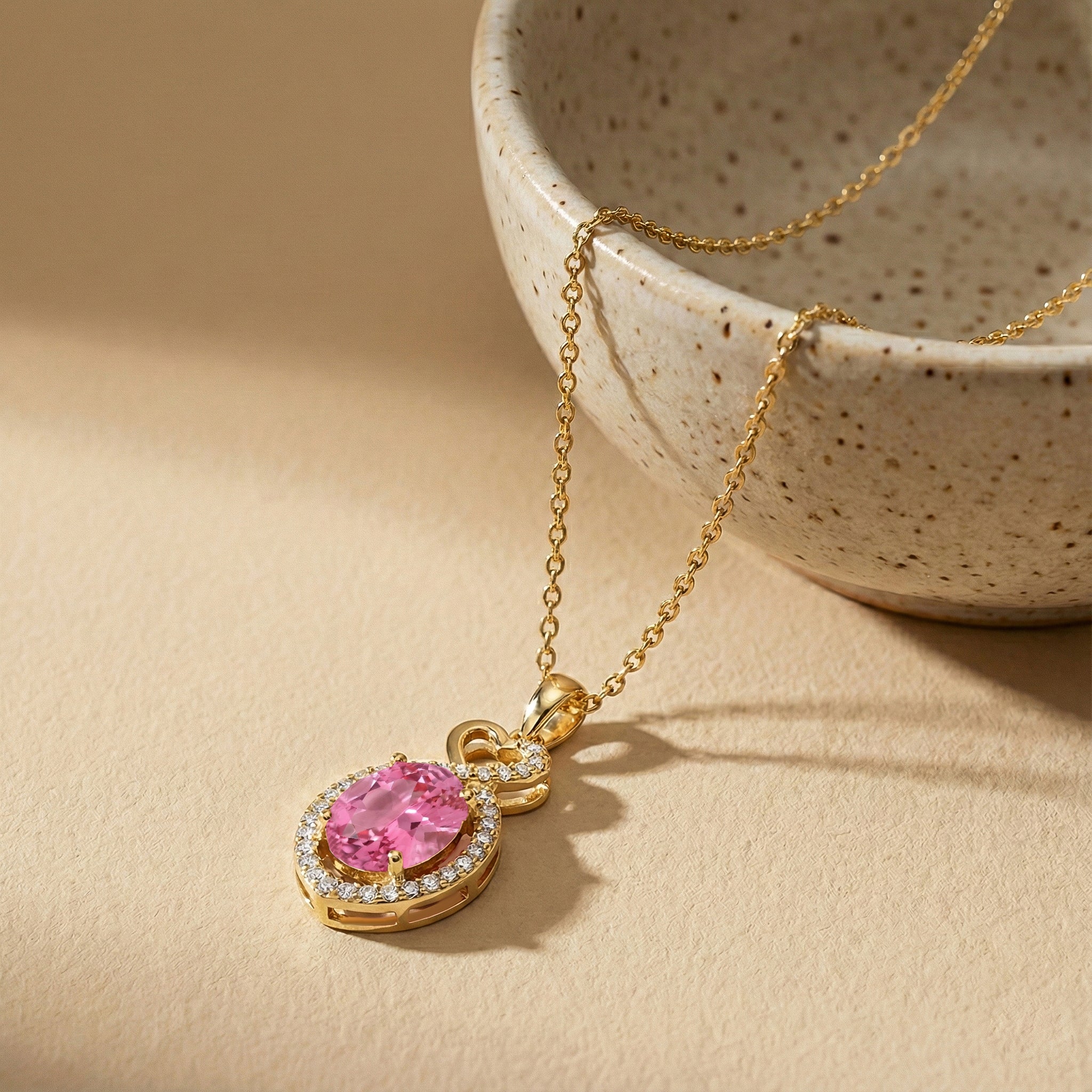 Pink Tourmaline Oval Infinity Twist Heart Pendant Necklace in Yellow Gold Plated 1.2ct