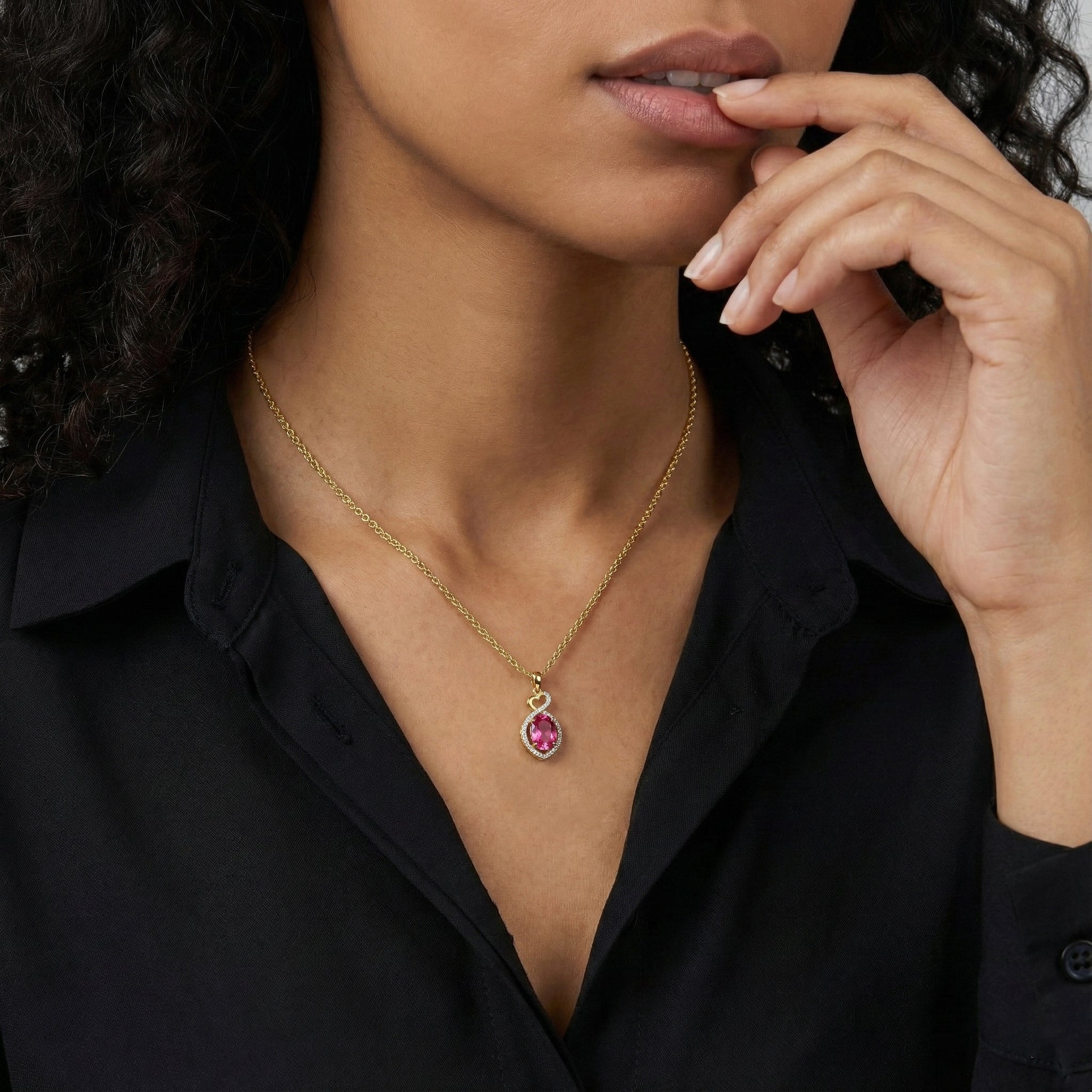 Pink Tourmaline Oval Infinity Twist Heart Pendant Necklace in Yellow Gold Plated 1.2ct