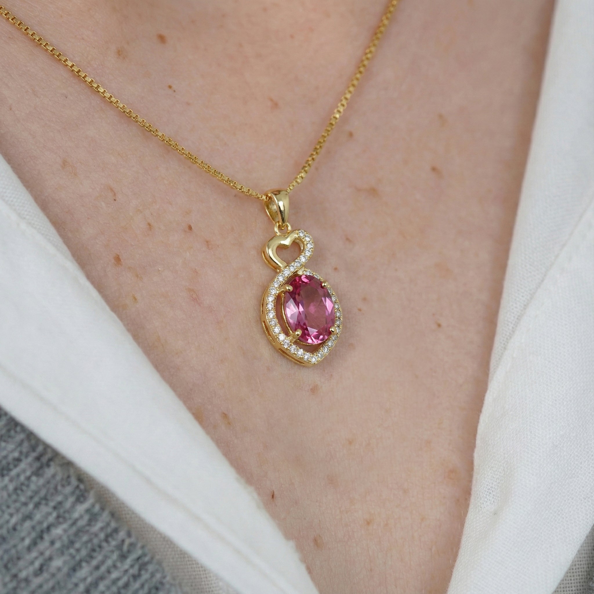 Pink Tourmaline Oval Infinity Twist Heart Pendant Necklace in Yellow Gold Plated 1.2ct