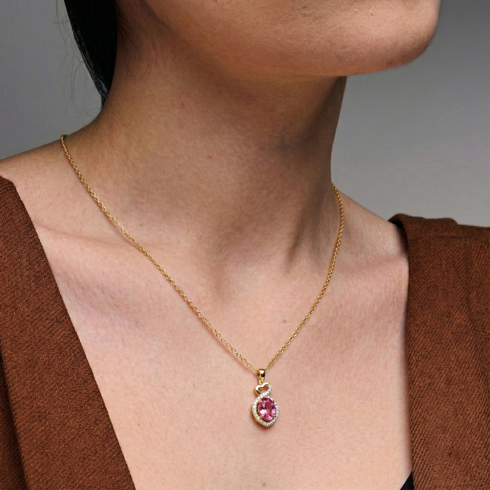 Pink Tourmaline Oval Infinity Twist Heart Pendant Necklace in Yellow Gold Plated 1.2ct