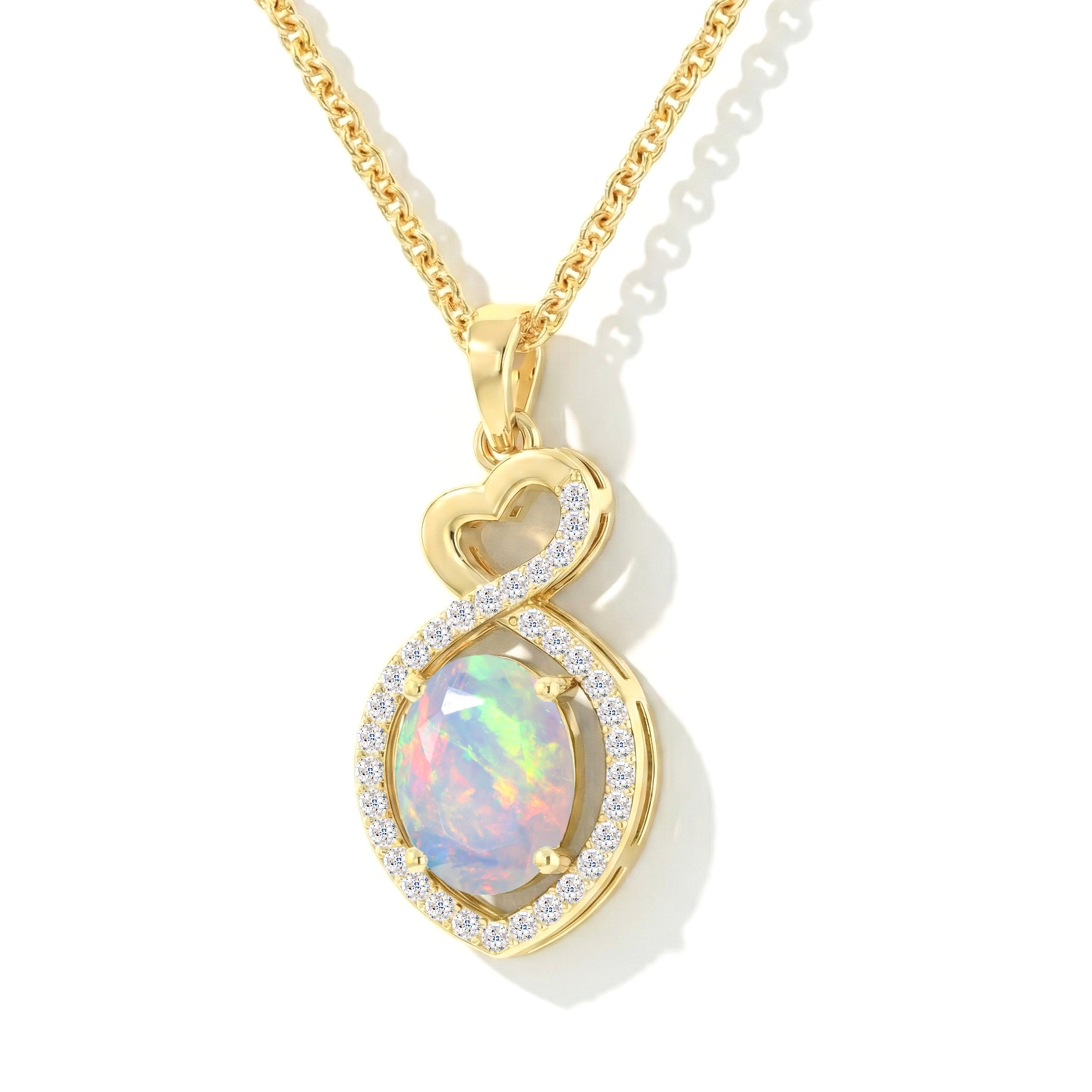 White Opal Oval Infinity Twist Heart Pendant Necklace in Yellow Gold Plated 1.2ct