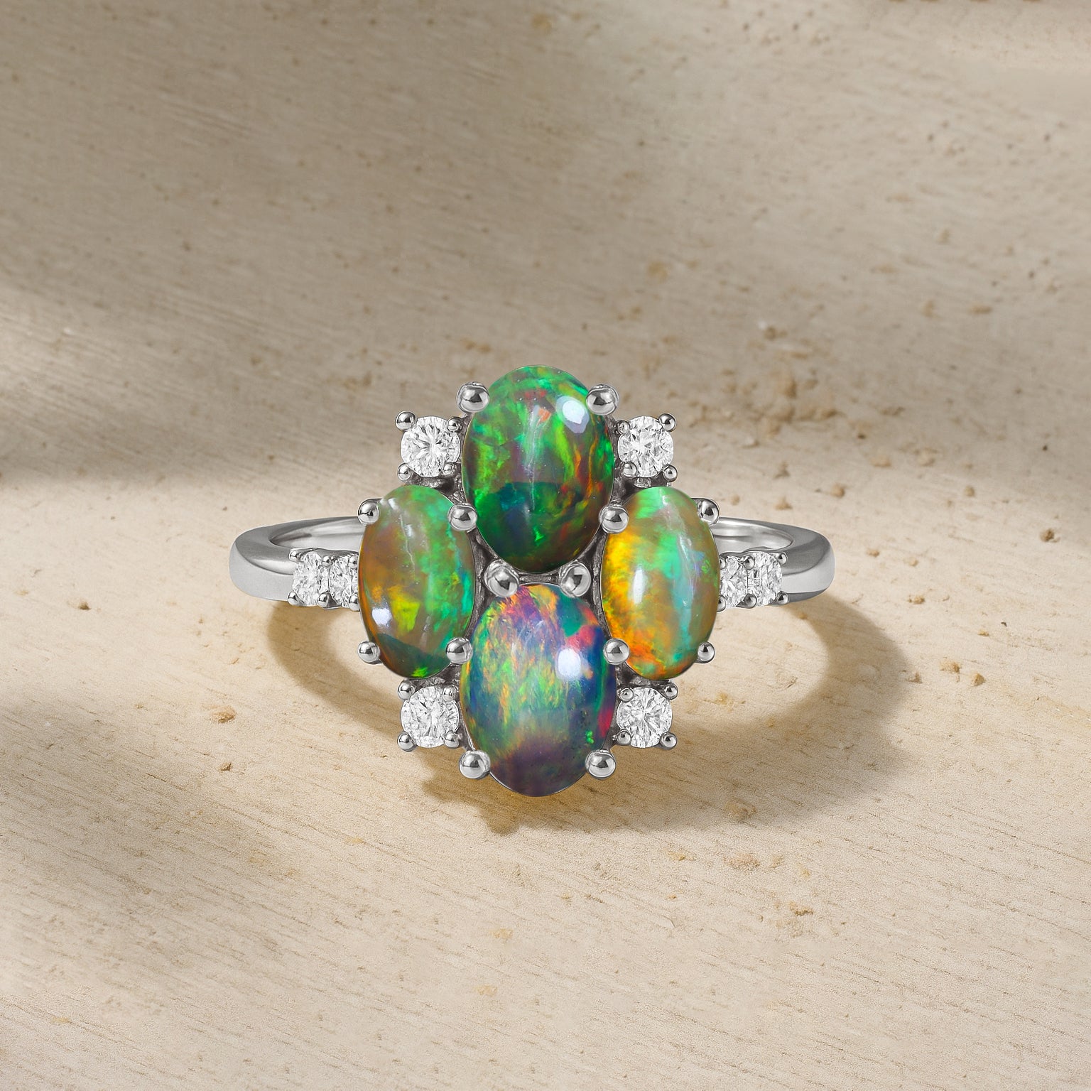 Oval Black Opal Cluster Ring in Sterling Silver Elegant 6x4mm Gem