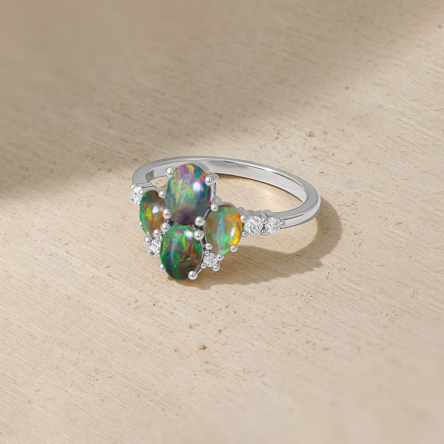 Oval Black Opal Cluster Ring in Sterling Silver Elegant 6x4mm Gem