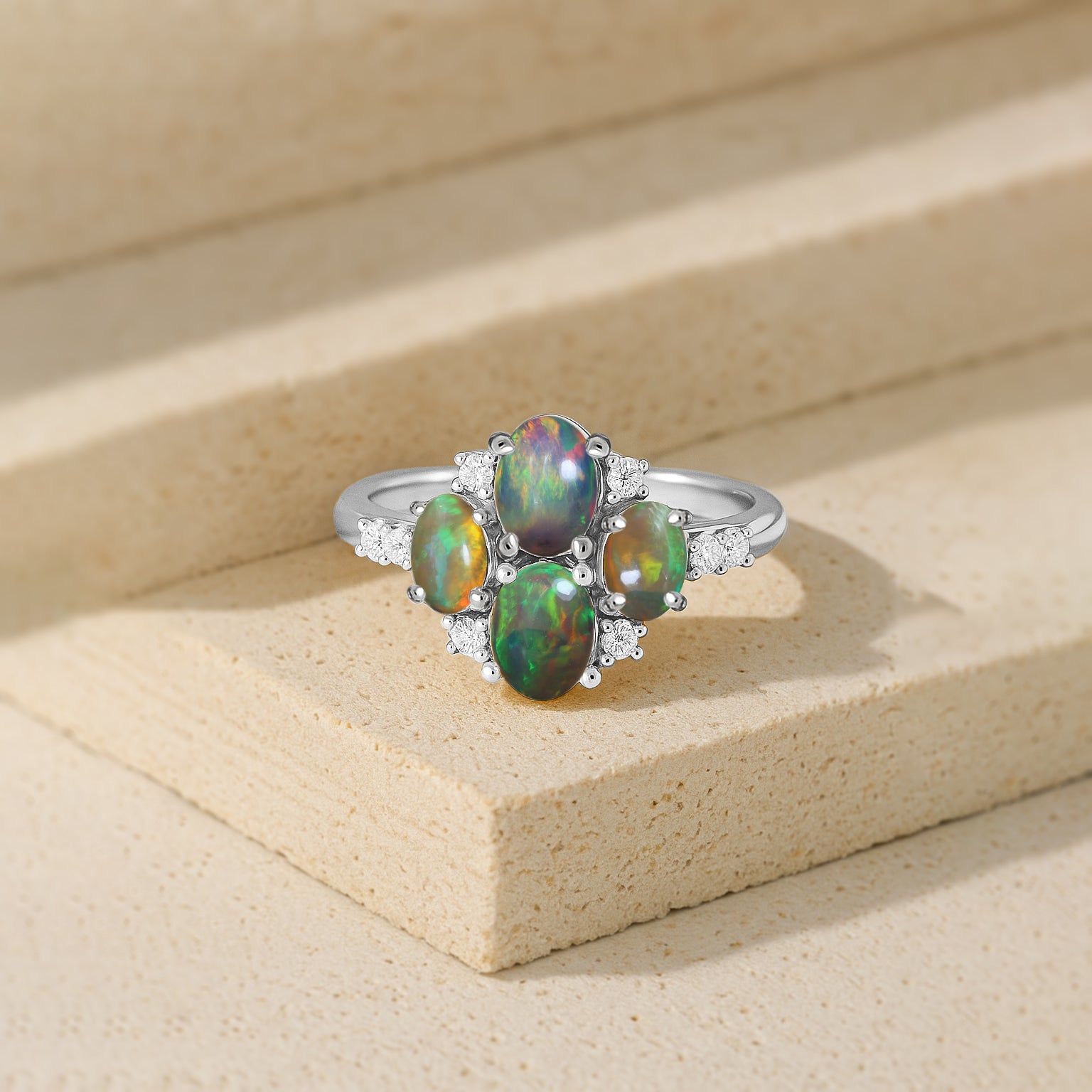 Oval Black Opal Cluster Ring in Sterling Silver Elegant 6x4mm Gem