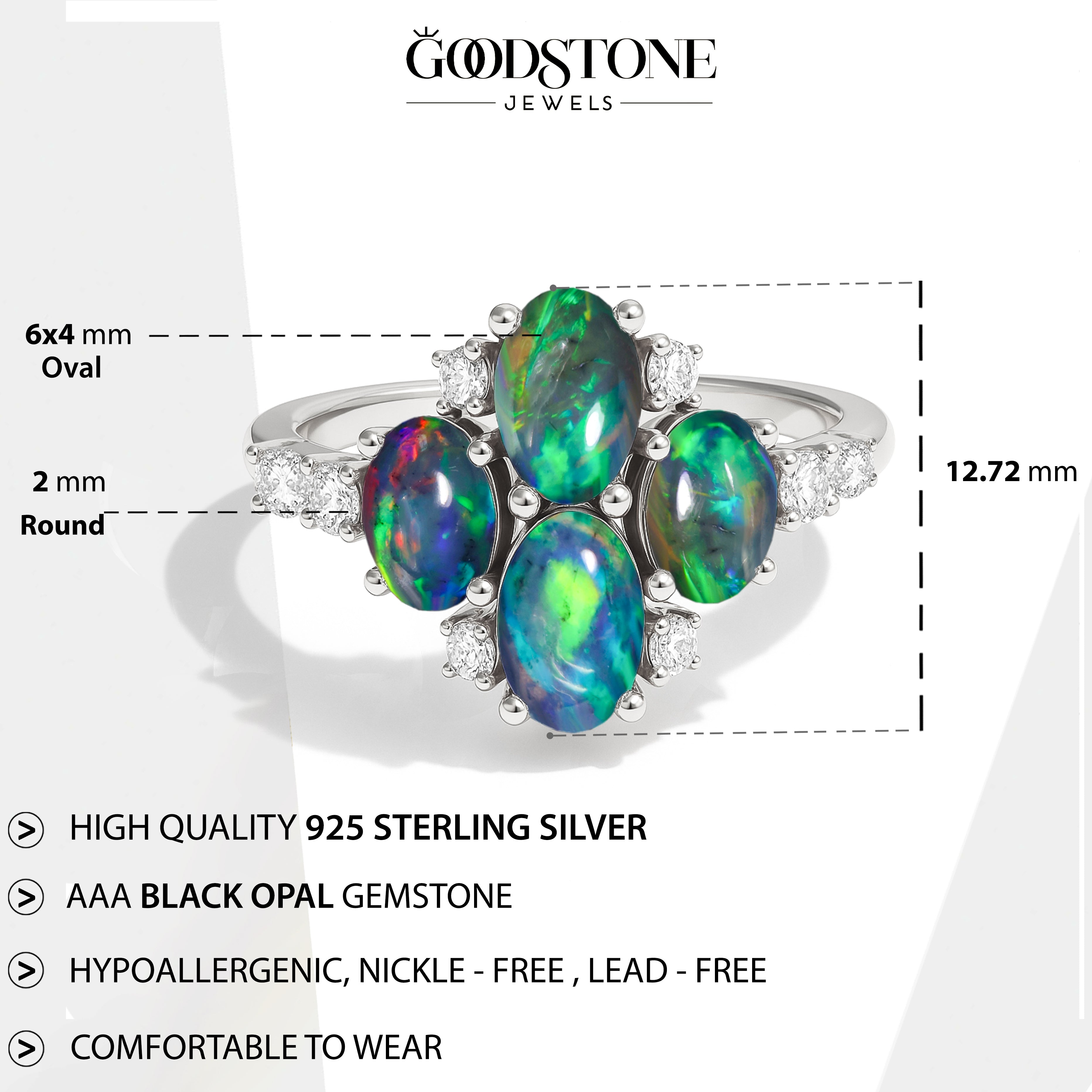 Oval Black Opal Cluster Ring in Sterling Silver Elegant 6x4mm Gem