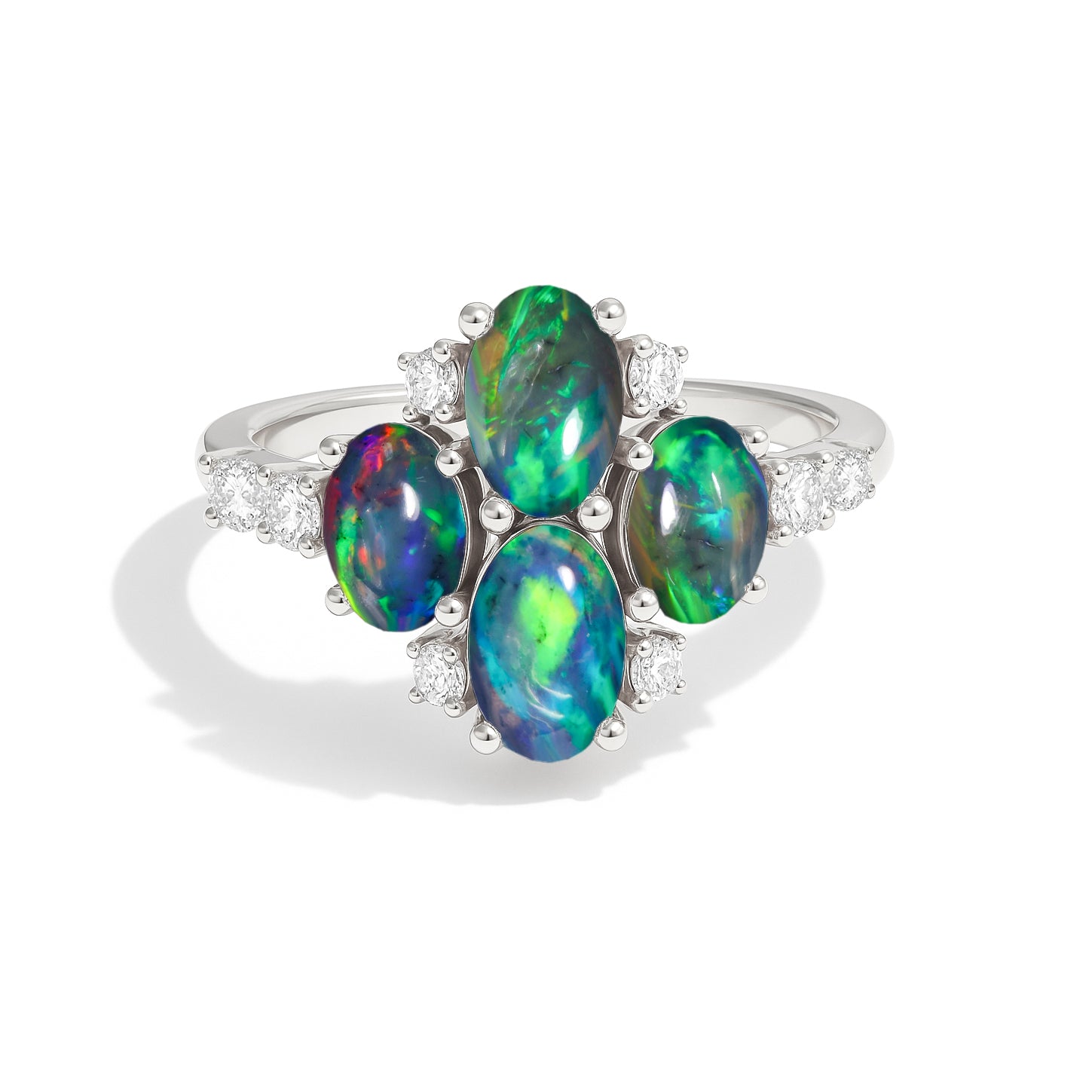 Oval Black Opal Cluster Ring in Sterling Silver Elegant 6x4mm Gem