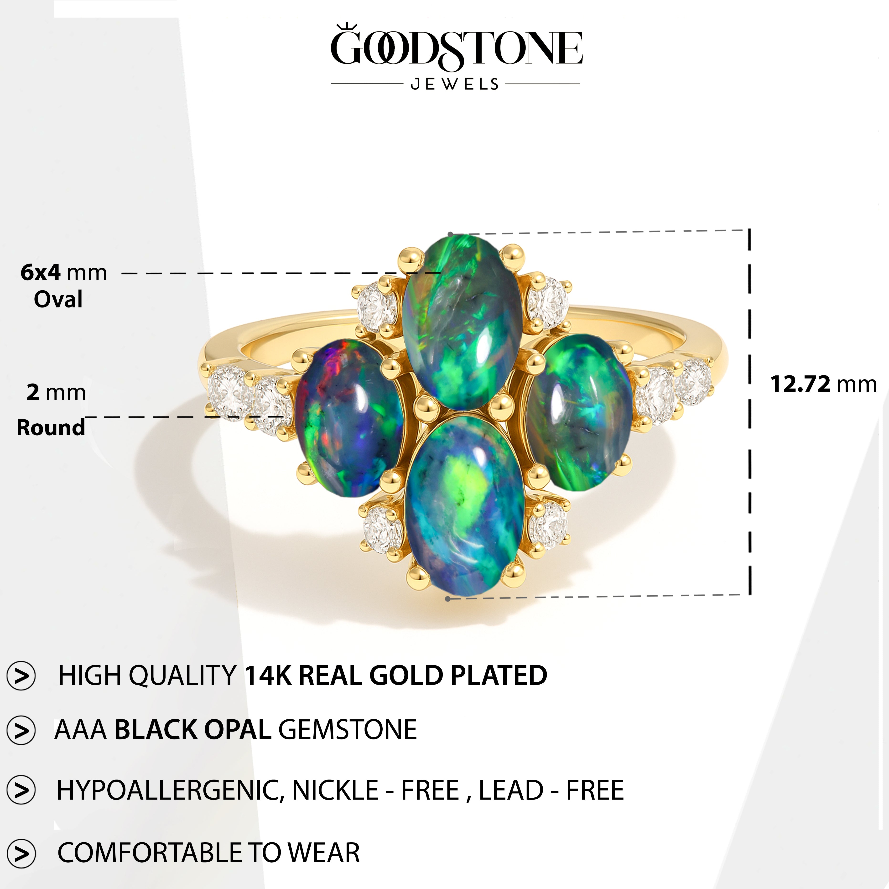 Oval Black Opal Cluster Ring in Sterling Silver Elegant 6x4mm Gem