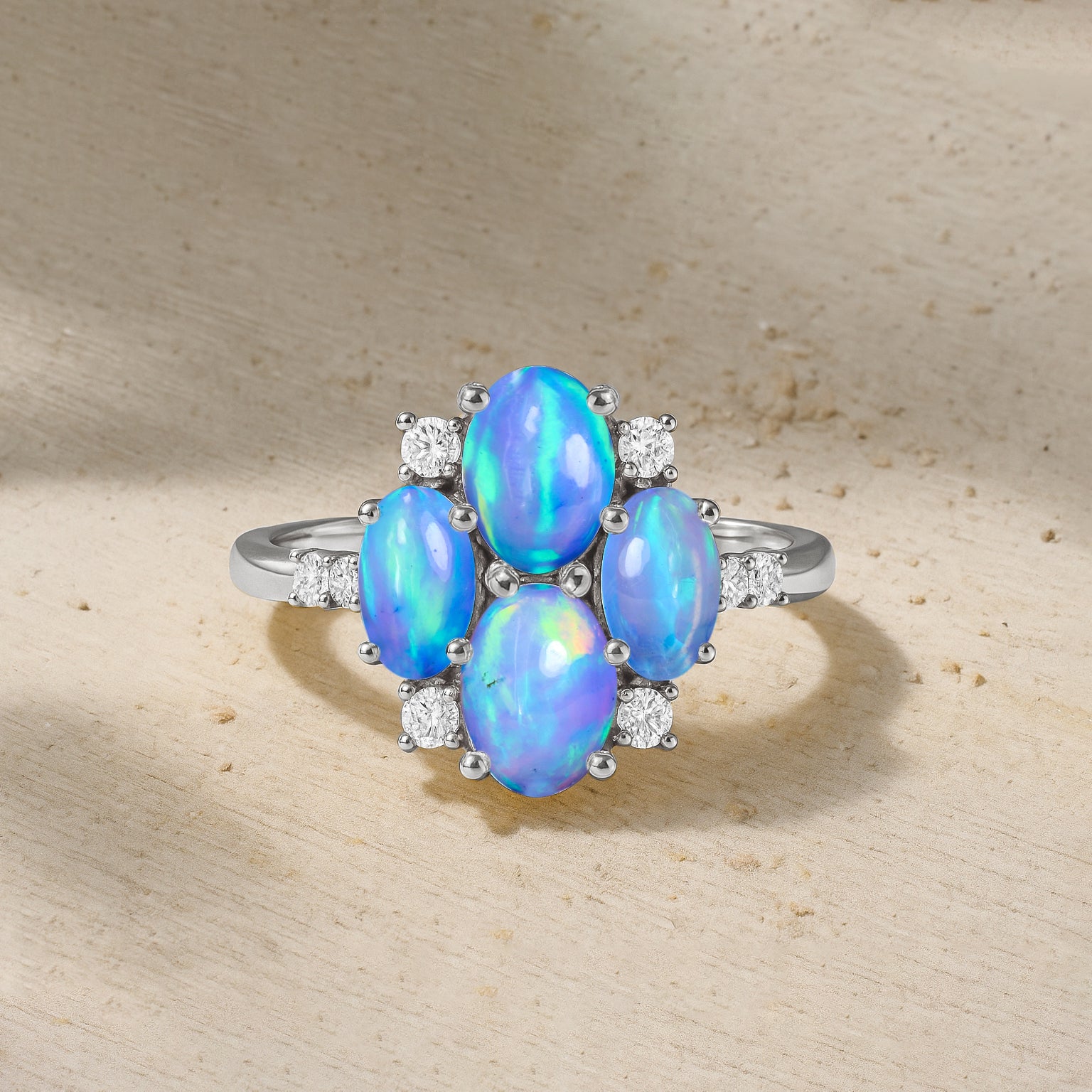 Oval Blue Opal Cluster Ring in Sterling Silver Elegant 6x4mm Gem