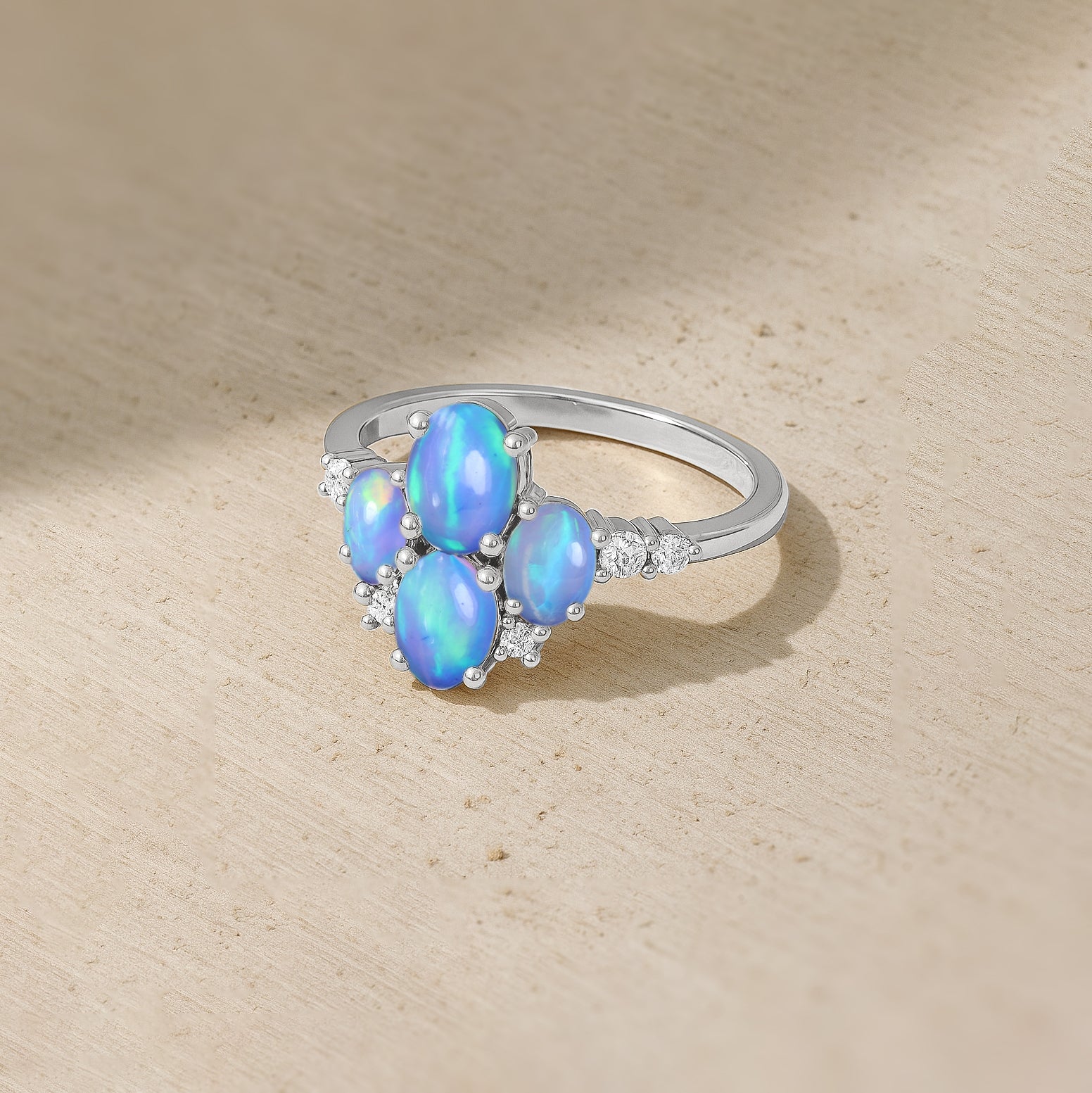 Oval Blue Opal Cluster Ring in Sterling Silver Elegant 6x4mm Gem