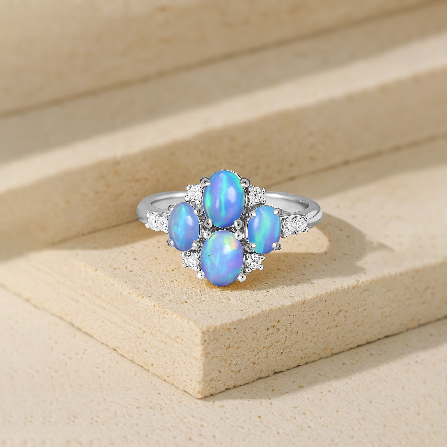Oval Blue Opal Cluster Ring in Sterling Silver Elegant 6x4mm Gem