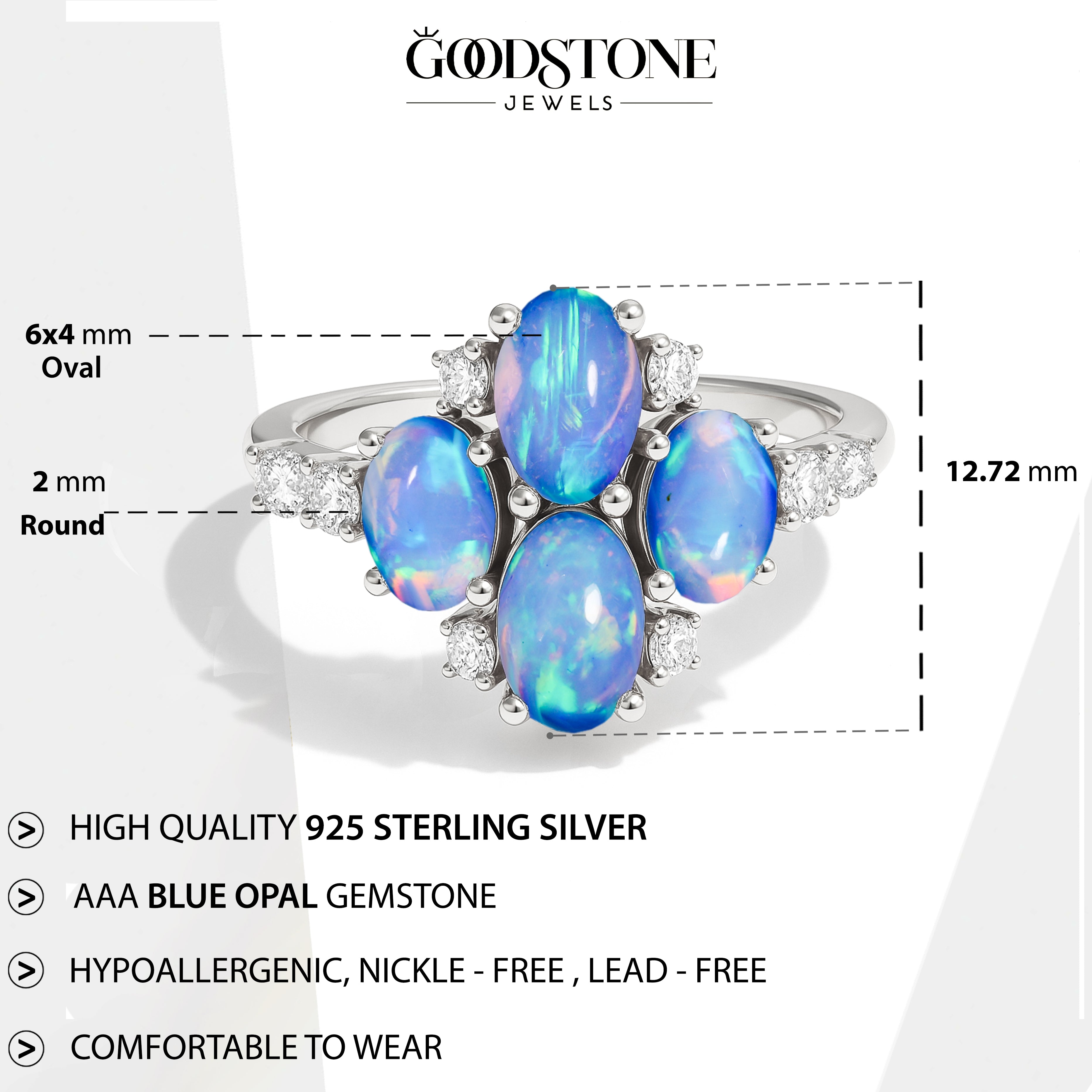 Oval Blue Opal Cluster Ring in Sterling Silver Elegant 6x4mm Gem