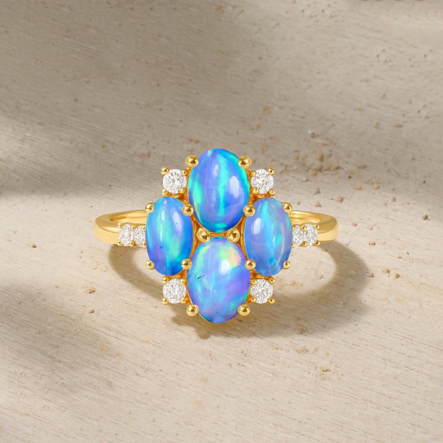 Oval Blue Opal Cluster Ring in Sterling Silver Elegant 6x4mm Gem