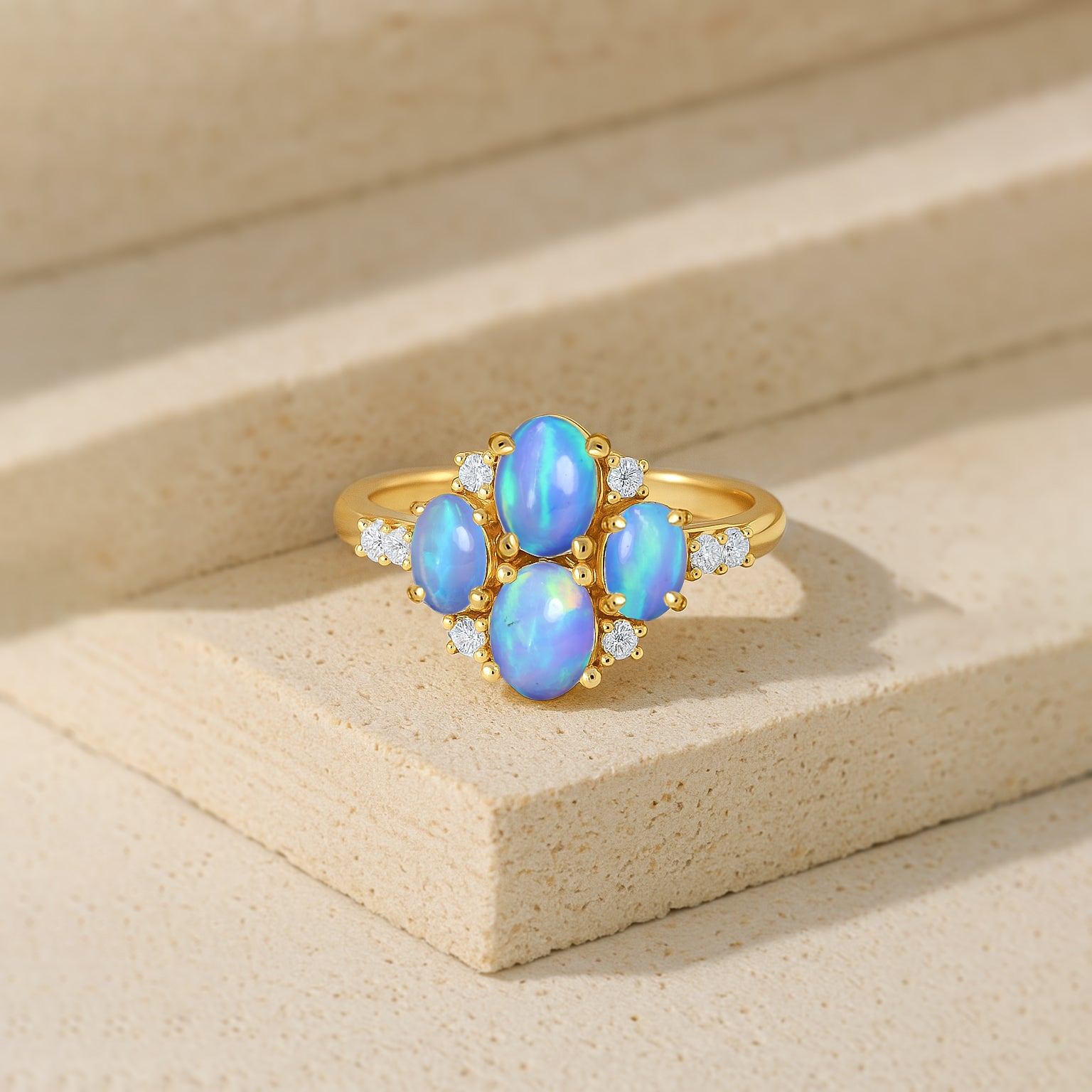 Oval Blue Opal Cluster Ring in Sterling Silver Elegant 6x4mm Gem