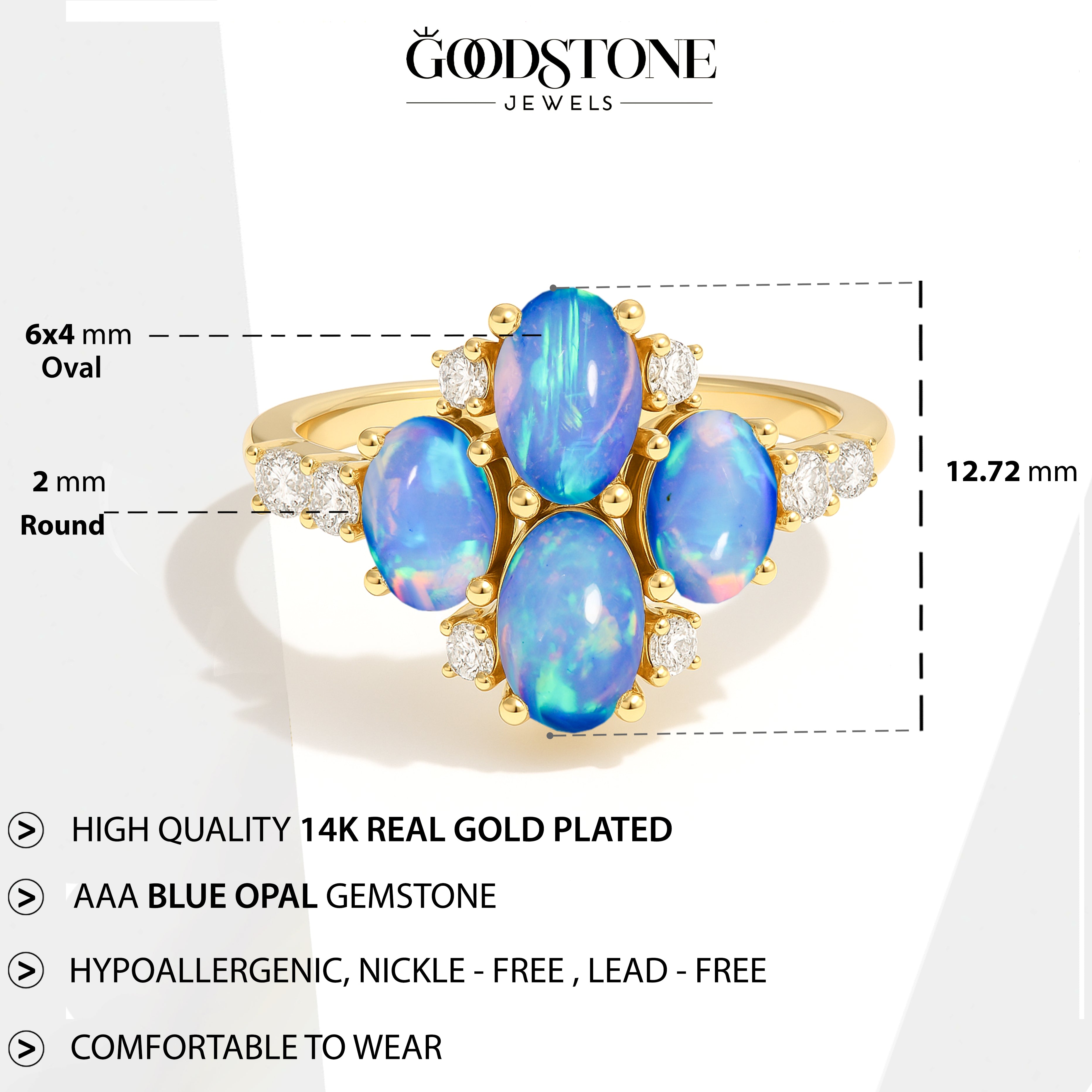 Oval Blue Opal Cluster Ring in Sterling Silver Elegant 6x4mm Gem