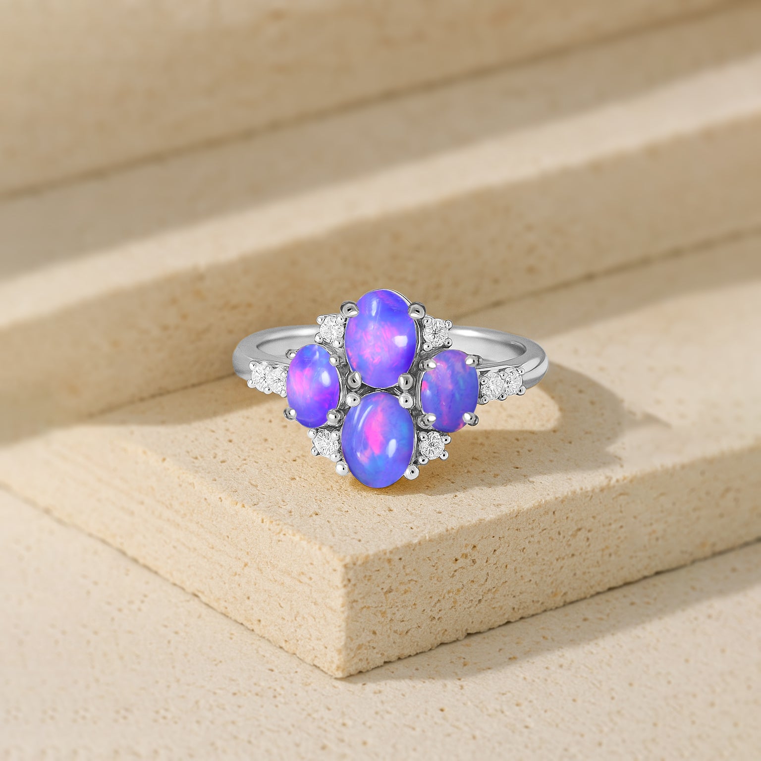 Oval Lavender Opal Cluster Ring in Sterling Silver Elegant 6x4mm Gem