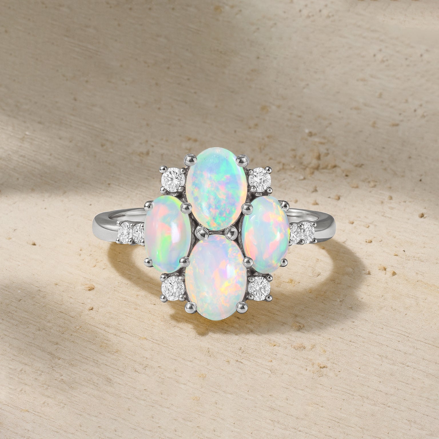 Oval White Opal Cluster Ring in Sterling Silver Elegant 6x4mm Gem