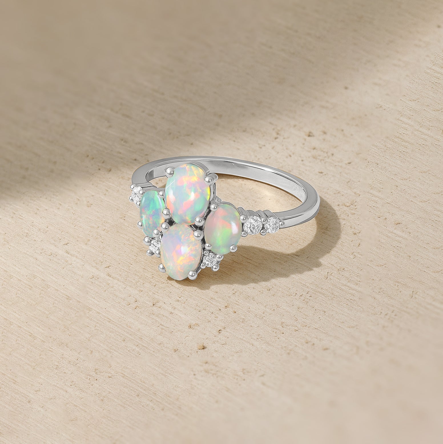 Oval White Opal Cluster Ring in Sterling Silver Elegant 6x4mm Gem