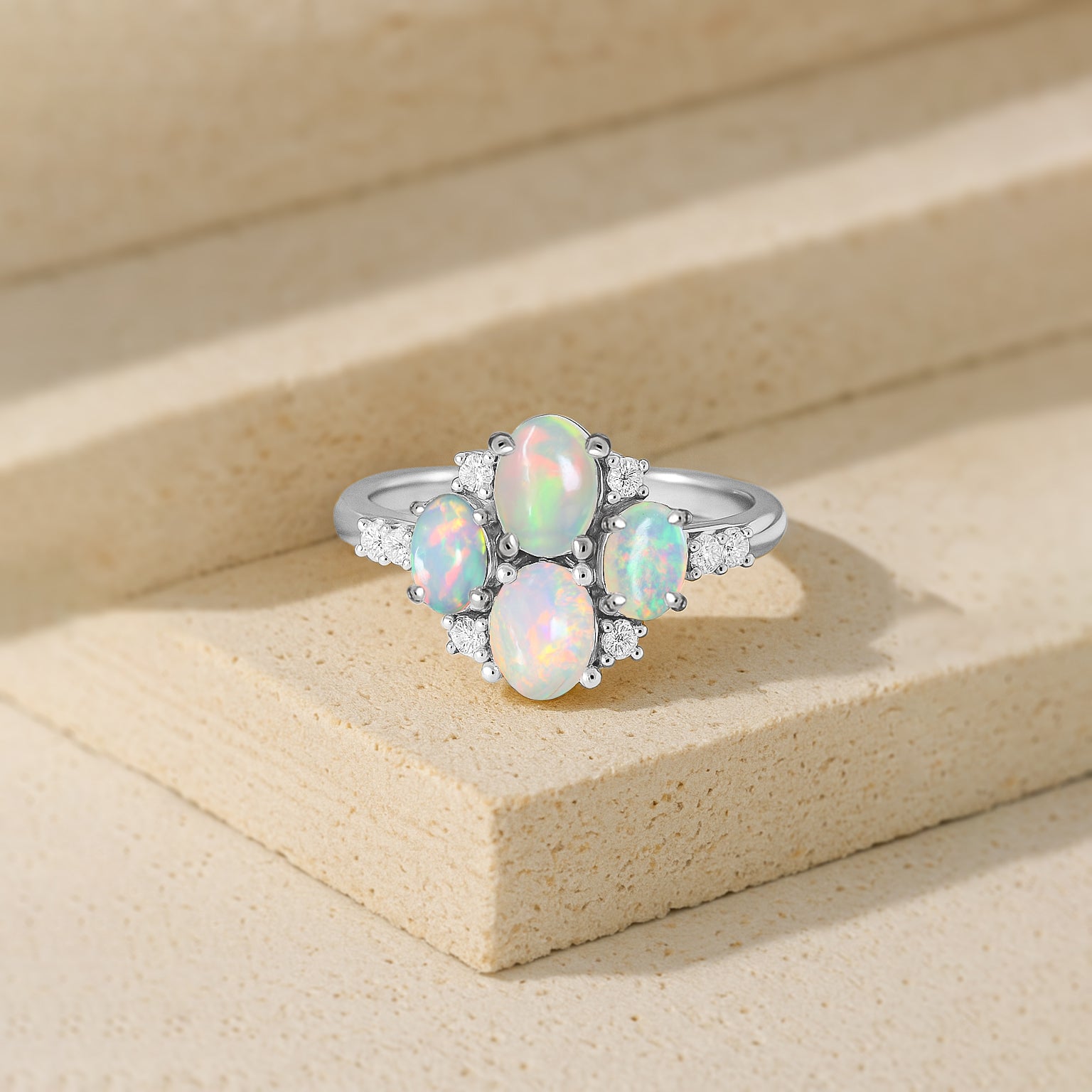 Oval White Opal Cluster Ring in Sterling Silver Elegant 6x4mm Gem