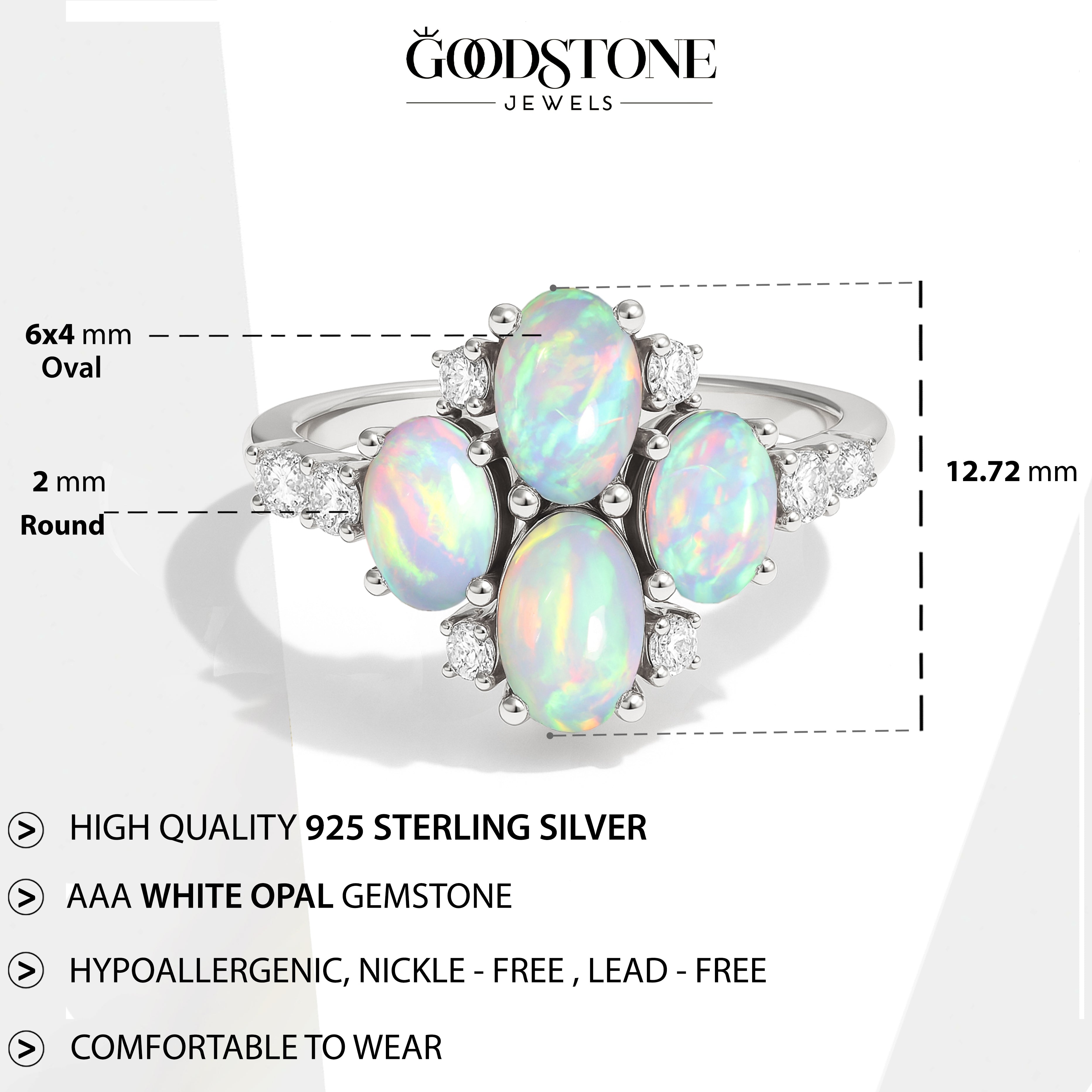 Oval White Opal Cluster Ring in Sterling Silver Elegant 6x4mm Gem